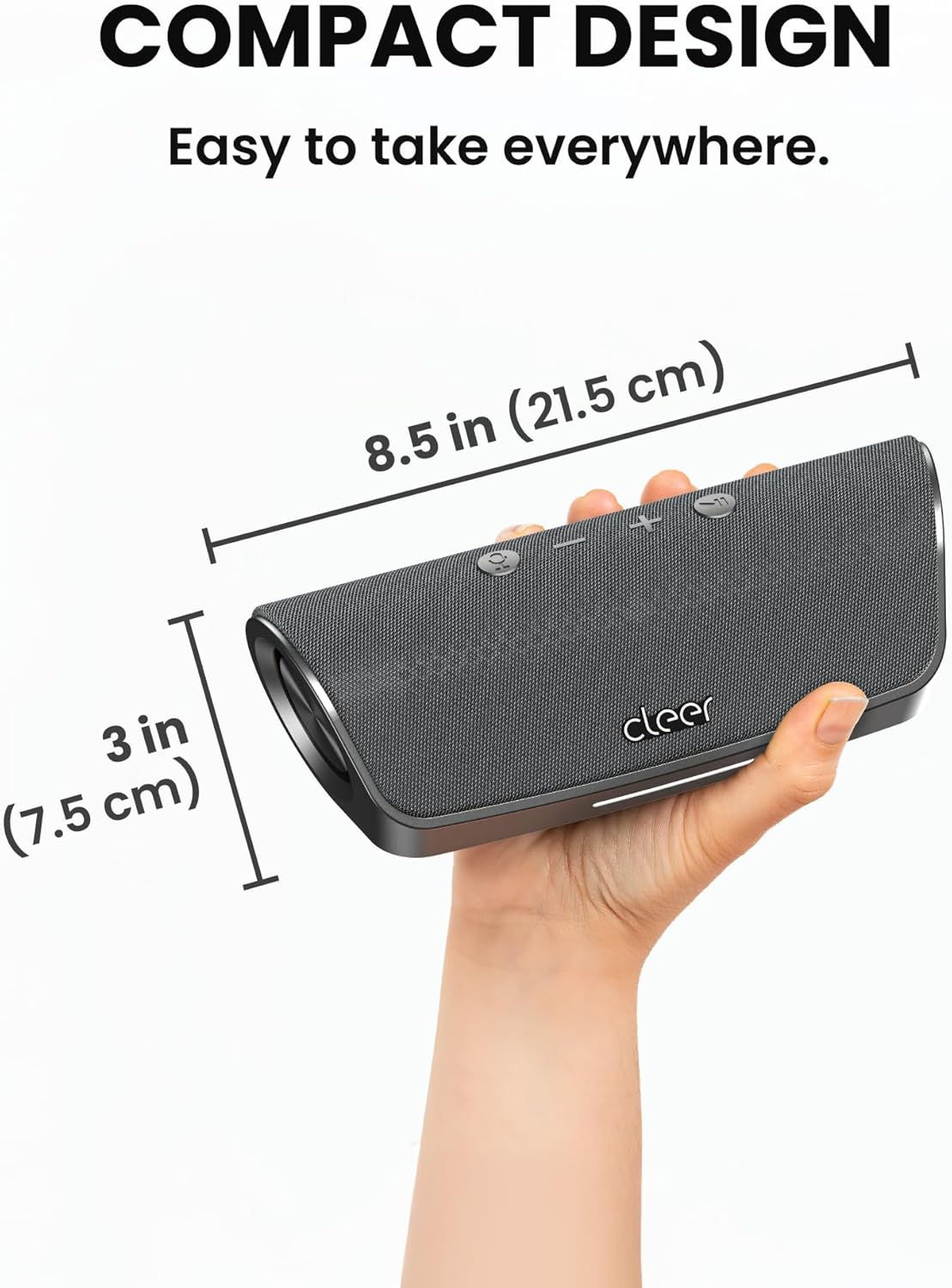 Cleer Scene Wireless Bluetooth Speaker, Simple Fast Pairing, Waterproof IPX7, 12Hrs Play time, Deep Bass, Built-in Mic, Powerful Portable Speakers, for Outdoor & Party, Home, Grey
