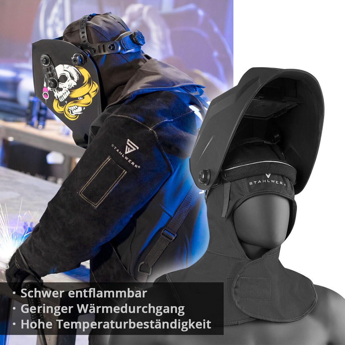 STAHLWERK hitzebeständige Schweißhaube - Schweißermütze aus robustem Stoff, Schweißhelm, Schweißkappe, Schweißermaske, flammenhemmende Schweißerschutzkleidung zum Schweißen und Plasmaschneiden