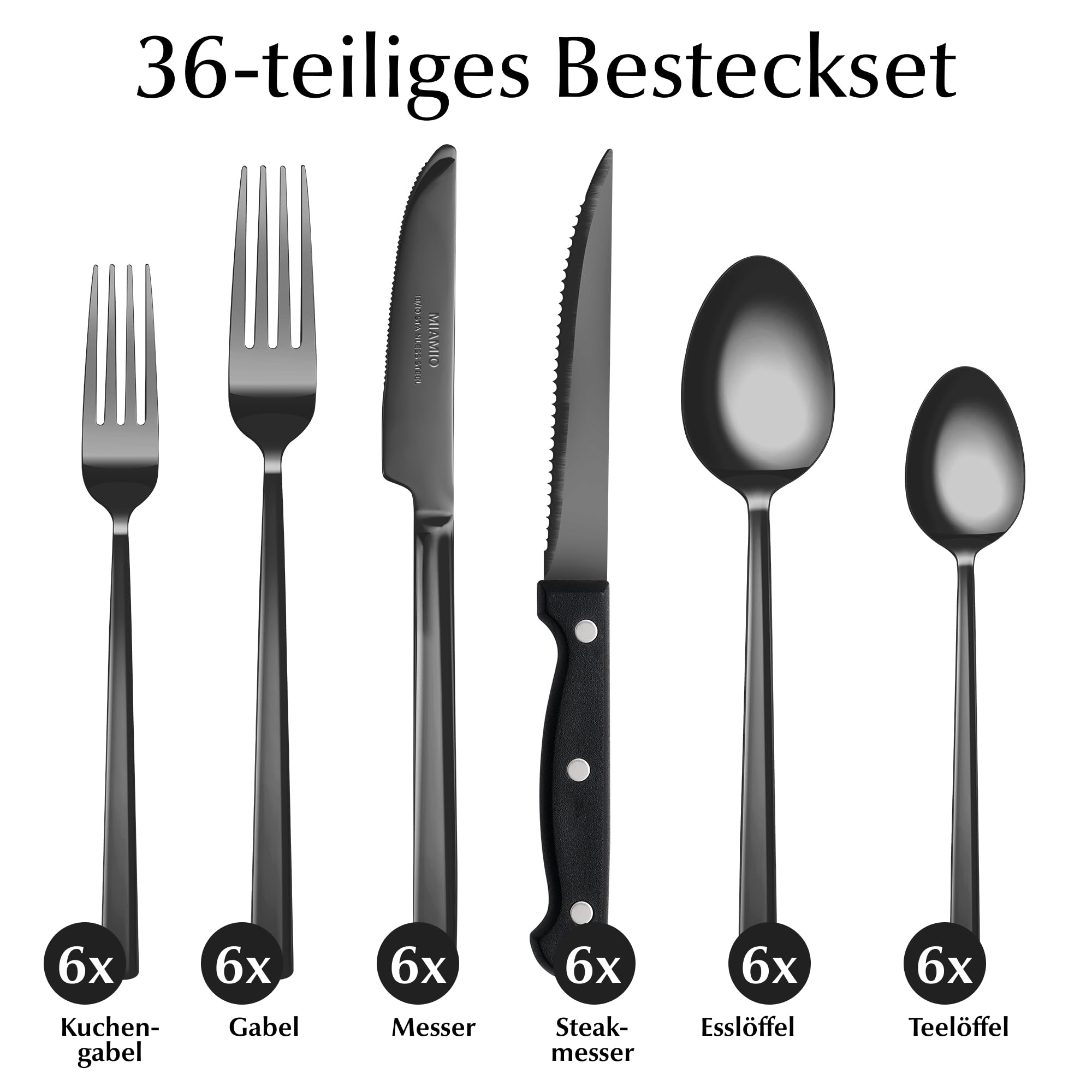 MIAMIO - Besteckset/Edelstahl Besteck Set 36er, Edelstahl 18/10 (Schwarz) | Besteck Set 18/10 Edelstahl, Besteckset mit (Steak-)Messern, Gabeln & Löffeln (36-Teilig) für 6 Personen - spülmaschinenfest