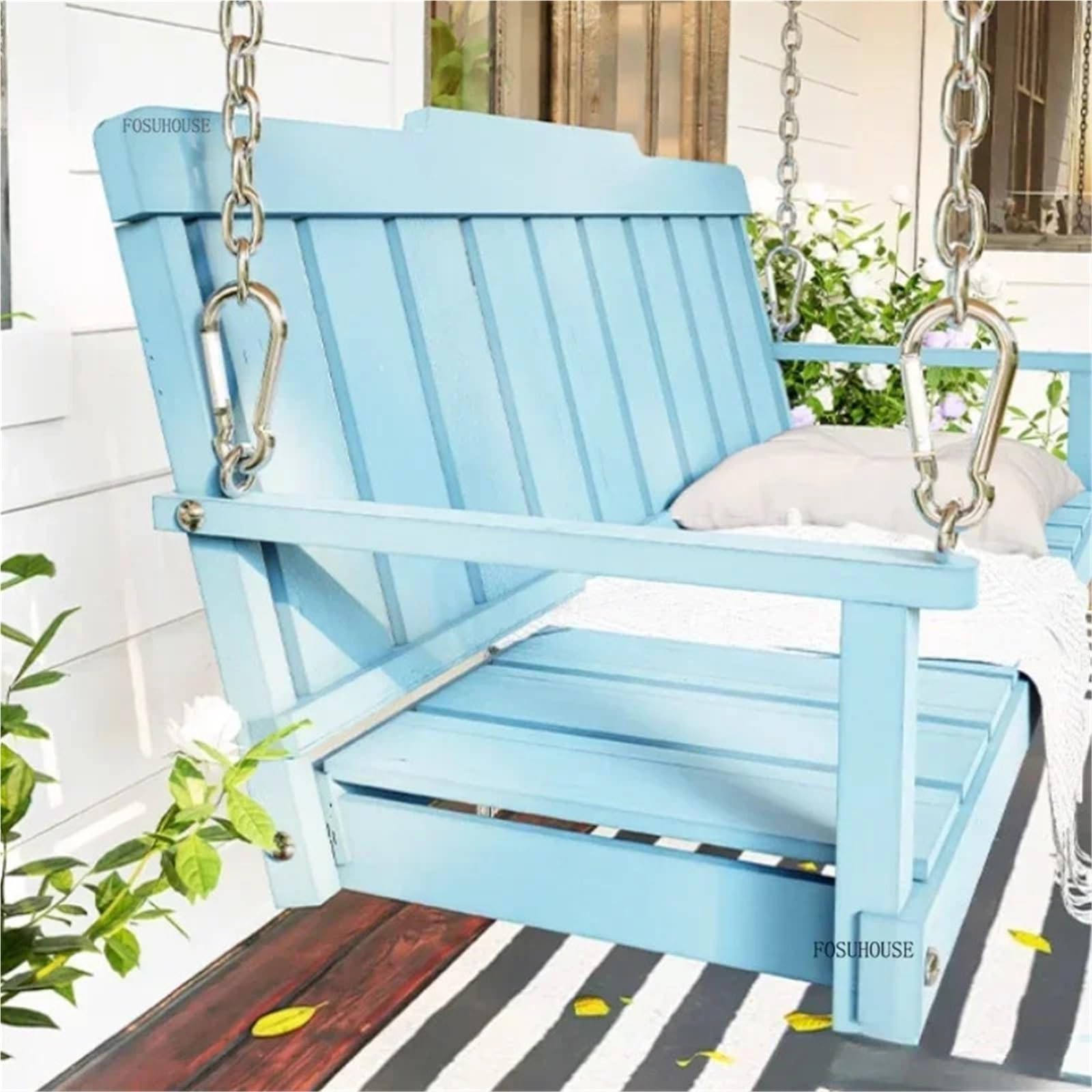 Altalena Legno Altalene da patio senza zoccoli Sedia sospesa for doppio balcone for interni for area ricreativa for altalena giardino nel cortile(80CM Blue-Chain 5m)