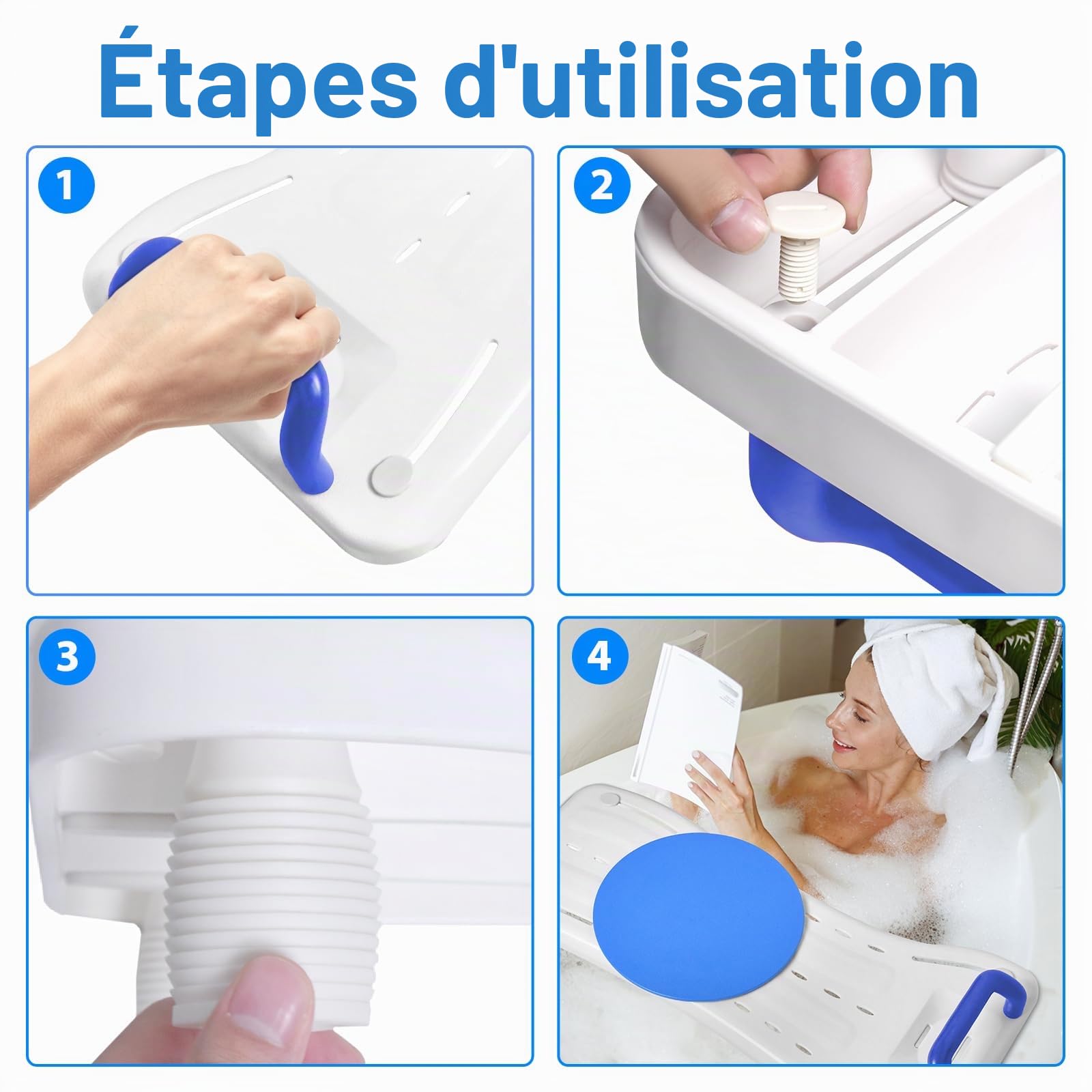 XMTECH Siège de baignoire pour personnes âgées - Planche de baignoire pour s'asseoir - Avec poignée ergonomique - Antidérapante - En plastique - Avec poignée bleue et plateau tournant