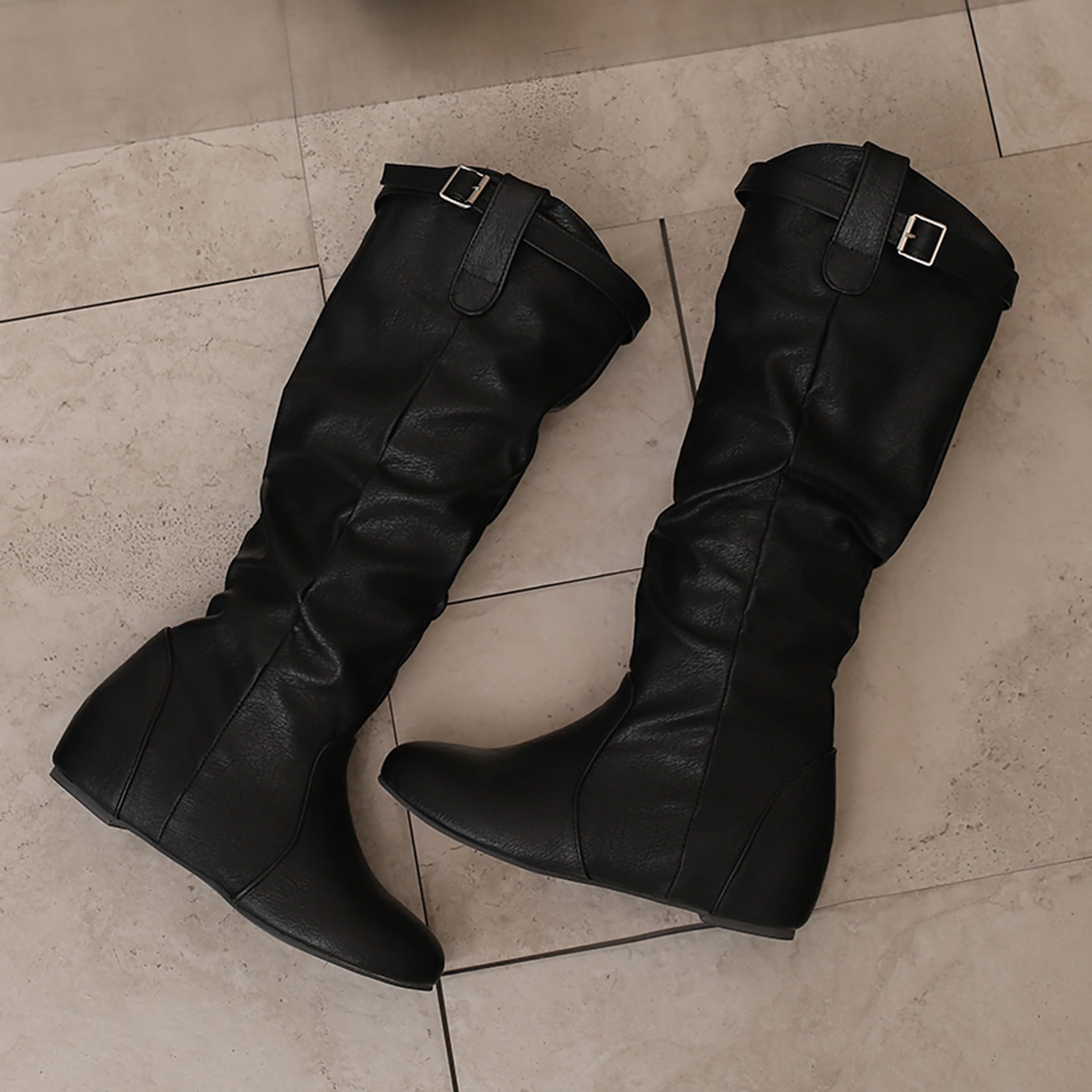 Bviennic Botas Rodilla Mujer Mid Tacón de Cuña Casual Punta Rojoonda Zip Slouch 2593, Talla 34-48