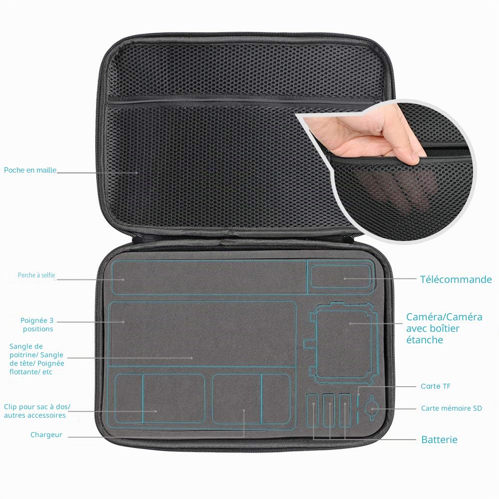 Étui de transport étanche compatible avec GoPro Hero 13/12/11/10/9/8/7/(2018)/6/5 Black, DJI Osmo Action, AKASO/Campark/YI Action Camera et plus encore (noir, grand)