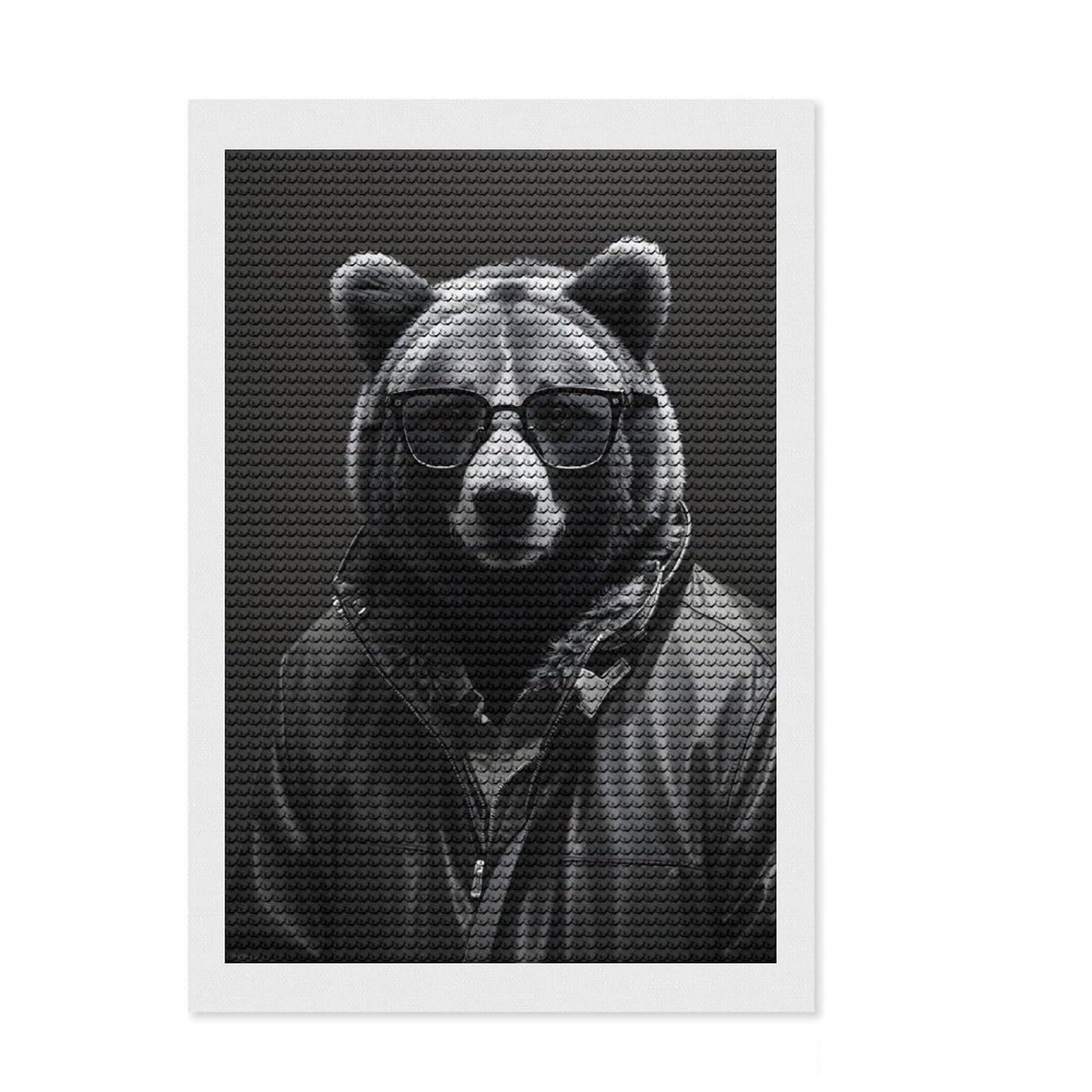 Junmoney Cool Bear Bnw DIY Diamond Art Canvas Kit 8"x12", for Adults, Finish and Display, Birthday Gift, Aesthetic Room Decor