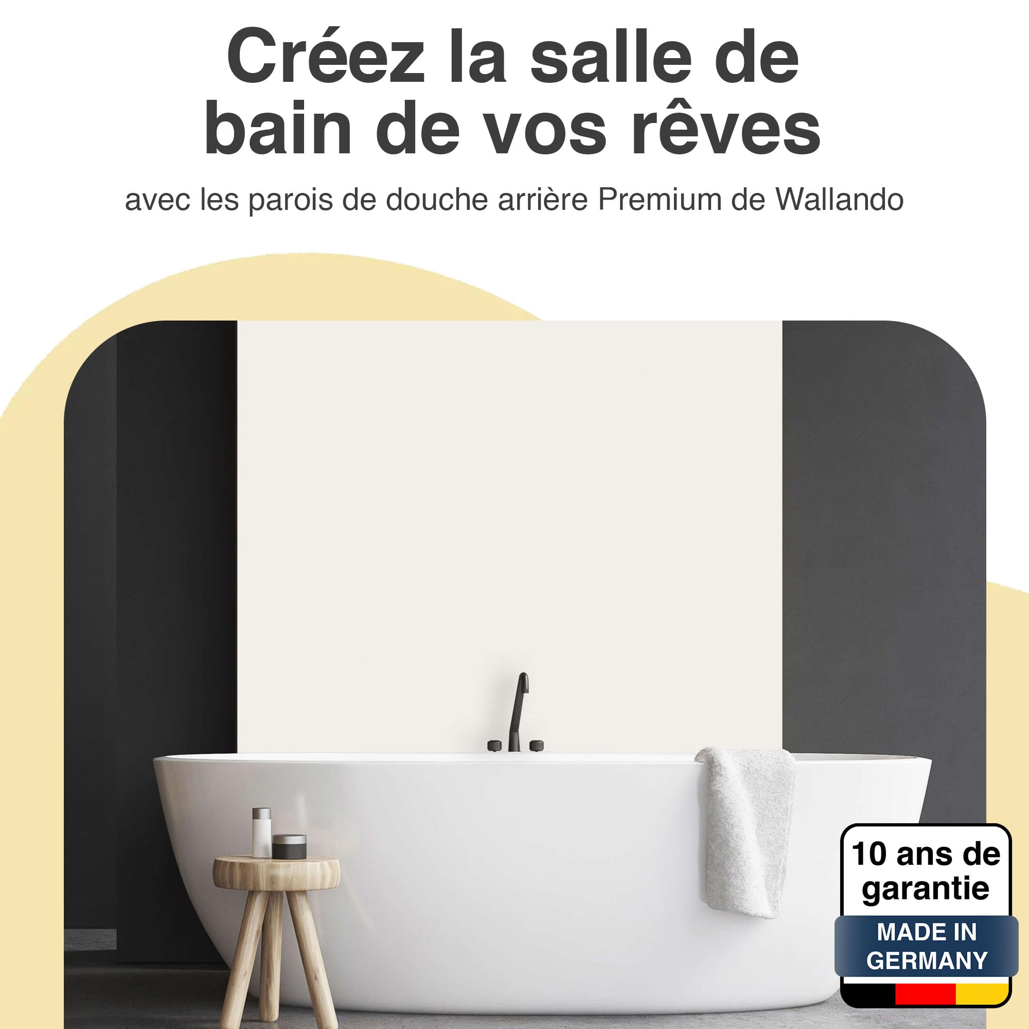 WALLando Panneau mural de douche (Blanc / 250 x 100 cm) – Panneau en PVC facile à installer & résistant à l'humidité – Revêtement mural premium – Fabriqué en Allemagne
