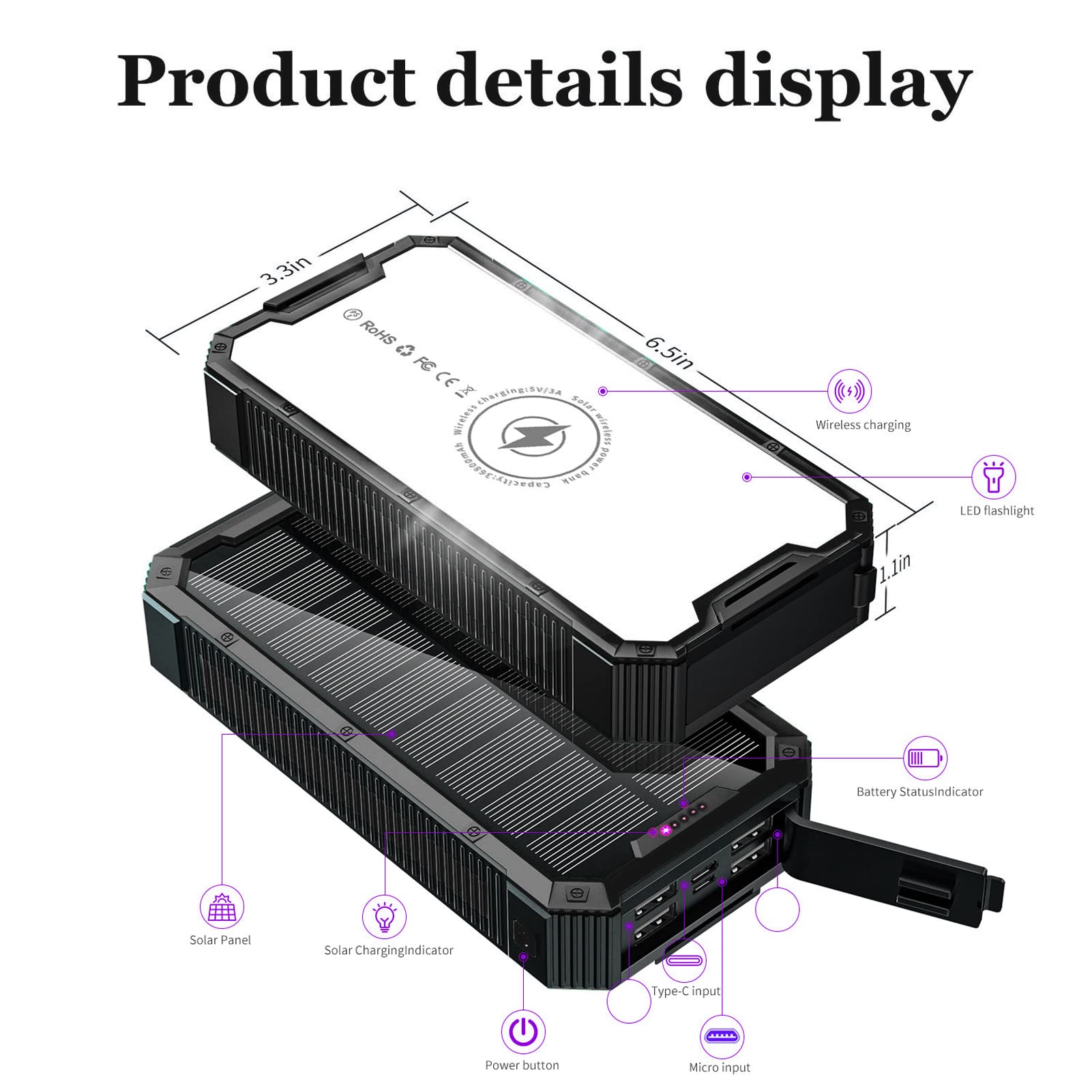 Ejoyous Solar PowerBank 36800 MAH, Przenośna ładowarka ładowarki Słonecznej z 36leds z Obciążeniem Bezprzewodowym z 4 Portami USB Typ C Wireless Ładowanie do Obozu na Zewnątrz Reisen (BLACK)