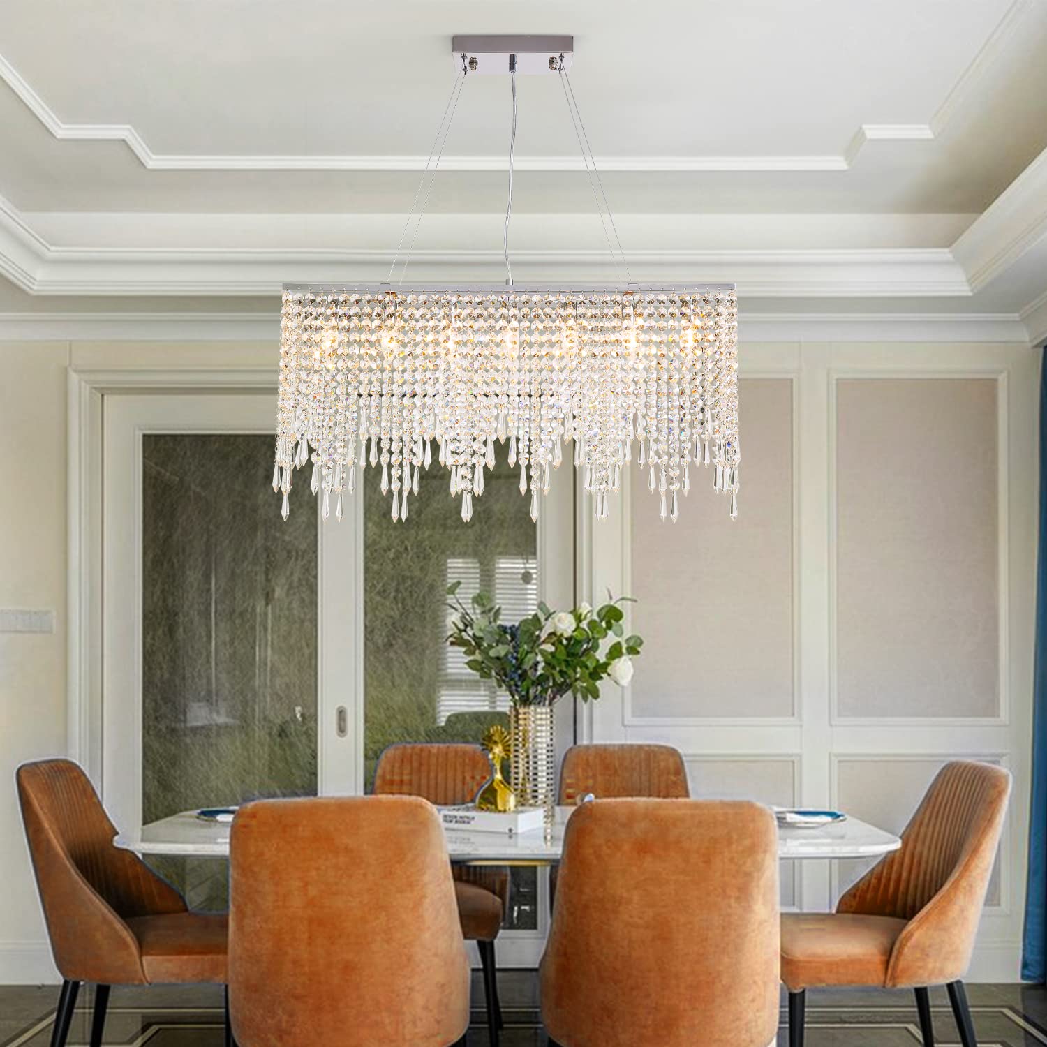 Siljoy Luxury Chrome Rectangular Crystal Chandelier, Modern K9