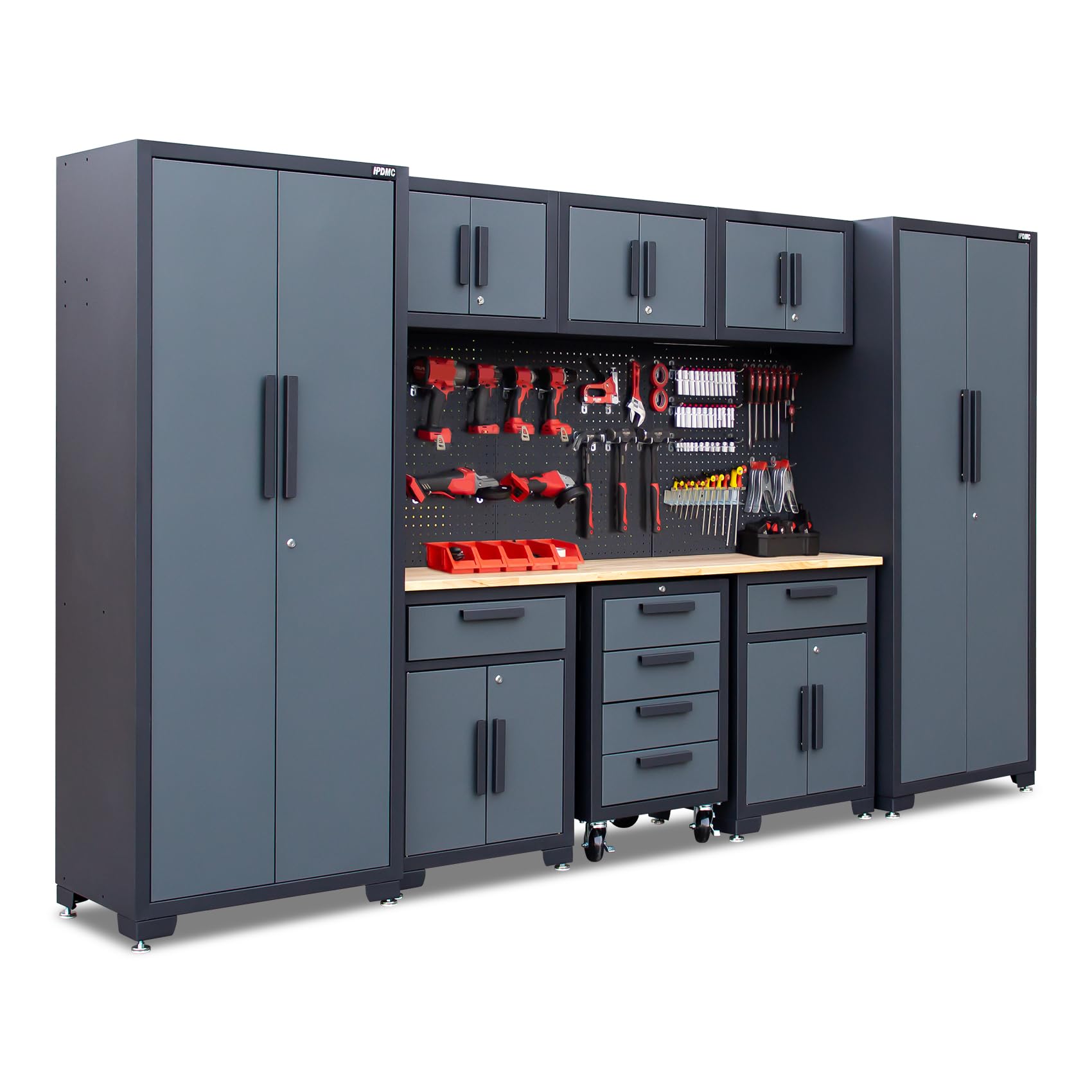 Garage Storage Cabinet System 9-Pcs Workshop Set Garage Cabinets and Storage System with Steel Drawers, Rolling Chest, Workbench, Pegboard for Tool Organization