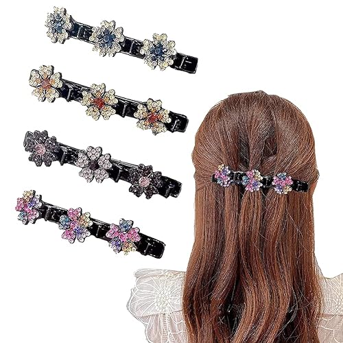 4 pinzas de pelo trenzadas con diamantes de imitación brillantes, horquilla de pato cortada con piedra de cristal, pinzas de doble capa, mini pinzas