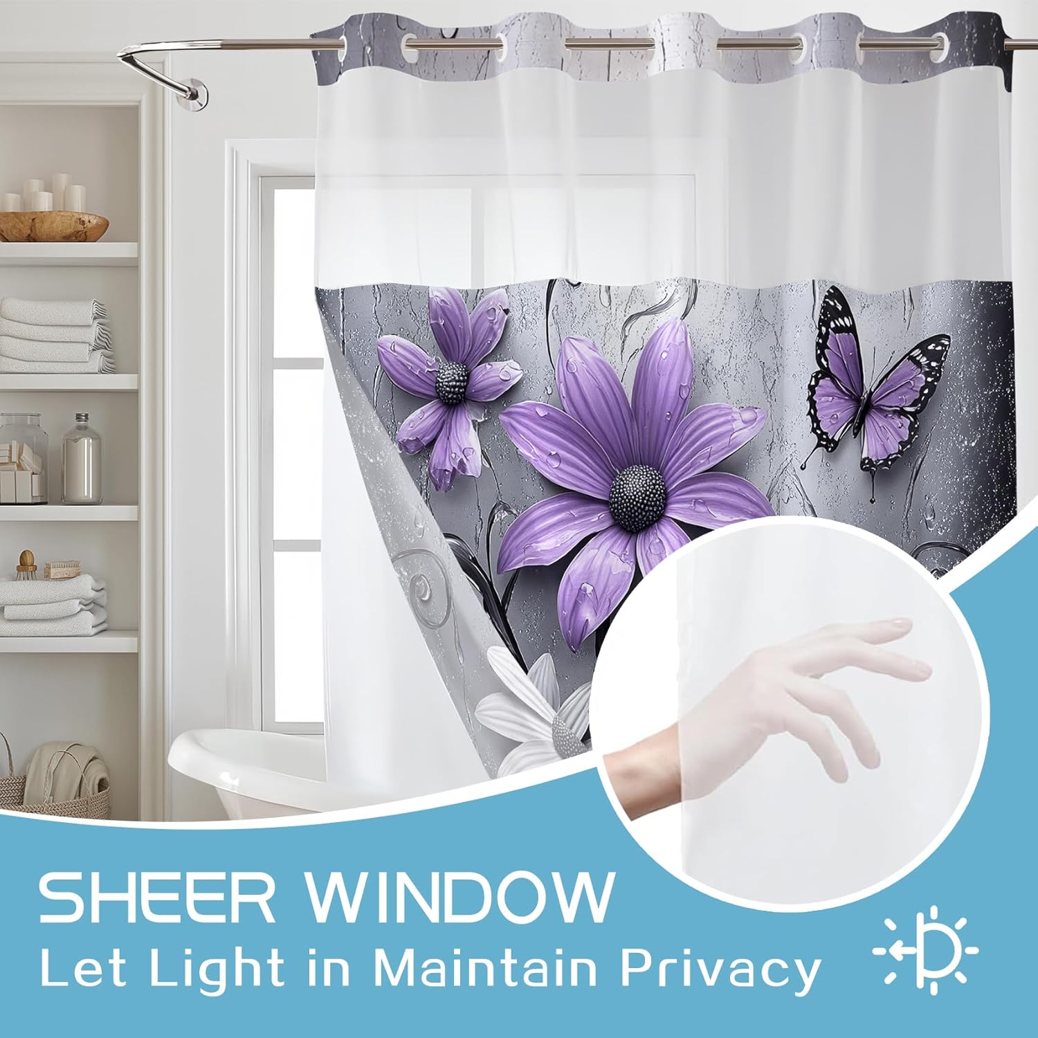 LB No Hook Shower Curtain with Snap in Liner Spring Butterfly and Purple Floral Shower Curtains for Bathroom Black and Grey Bathroom Curtains Shower Set, 72x74 inches Shower Curtain and Liner Set