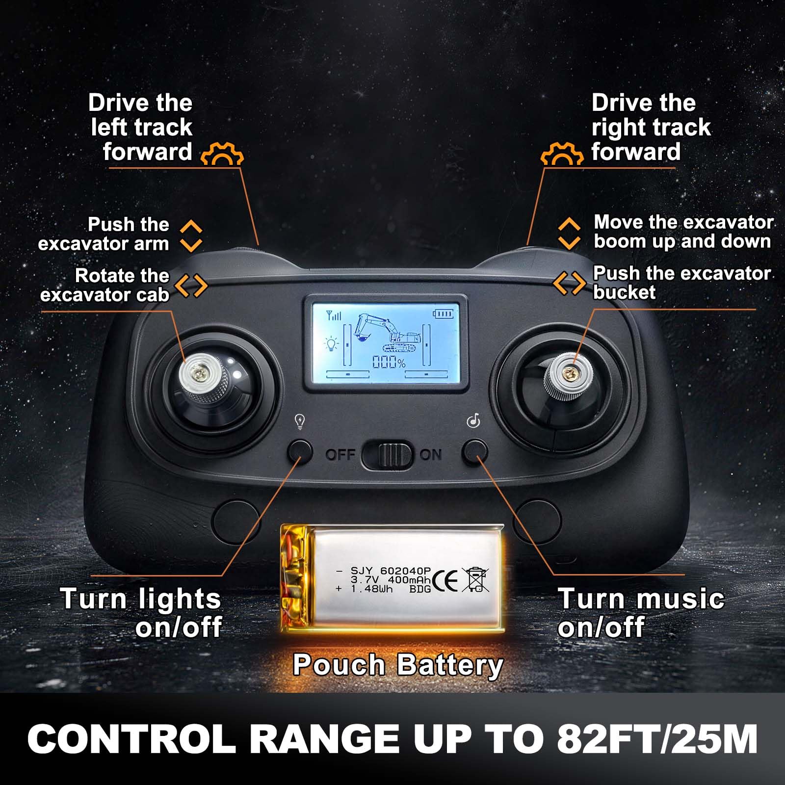 Escavatore Radiocomandato Professionale Mini 1:50 per Sabbia e Sabbiera, Escavatore RC Cingolato con Benna in Metallo e Cingoli Metallici, Telecomando LCD 2,4 GHz, Luci e Suoni, 2 Batterie