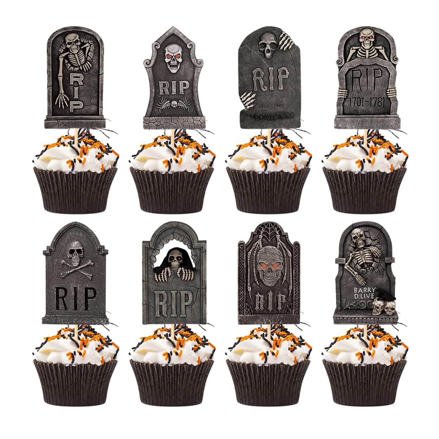 VARACL 24 Pieces Halloween Tombstone Cupcake Toppers, 8 Designs Tombstone Graveyard Cake Toppers Scary Cupcake Decoration Table Centerpiece Sticks Appetizer Picks for Halloween Party Supplies