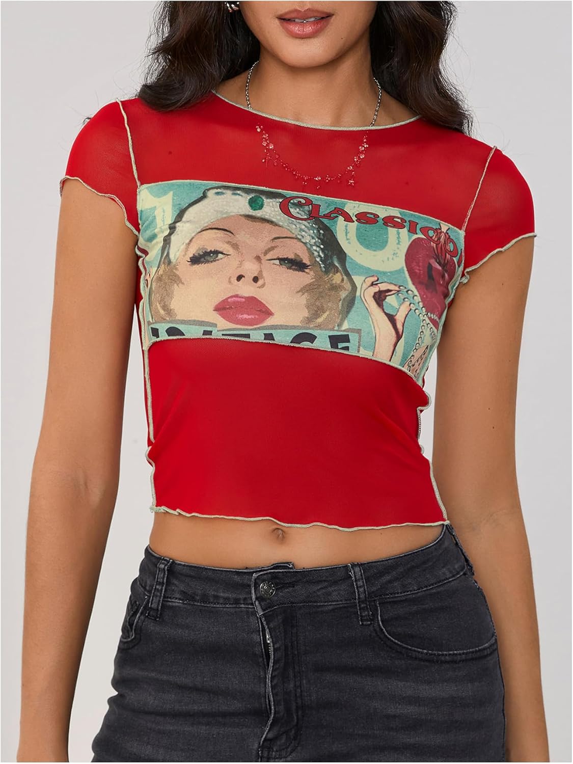 MakeMeChic Women's Y2k Mesh Top Short Sleeve Graphic Baby Tee Crop T Shirt Tops - Image 3
