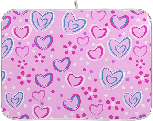 Romantic Pink Blue Hearts Dots Dish Mat Dish Drying Pad For Kitchen Counter Rubber Mat Countertop Tapete Para Cocina 16'' x 18''