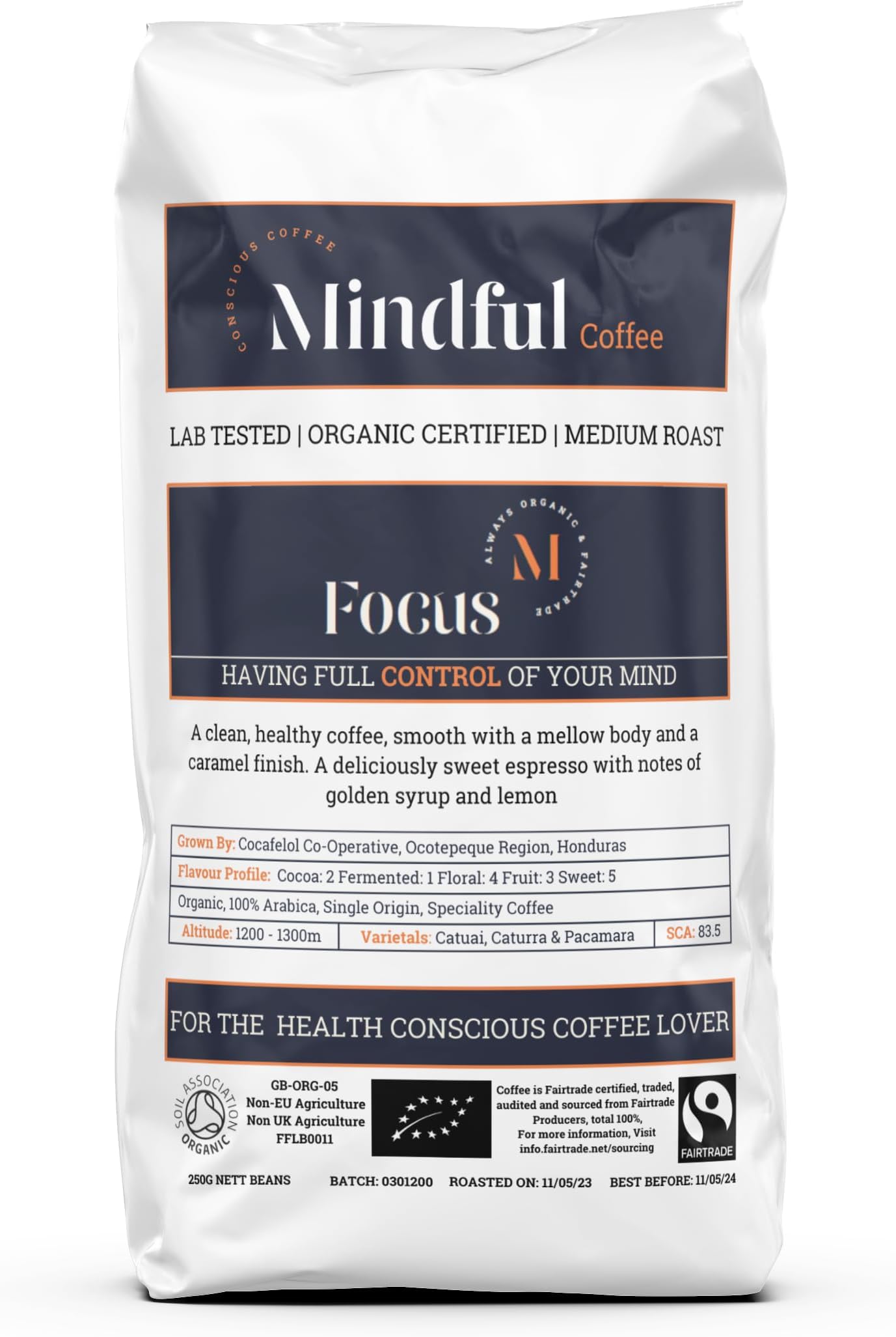 Focus 250g| Organic Clean Ground Coffee | Lab Tested - Mycotoxin Free | Freshly Roasted |Single Origin Speciality|Filter Machine