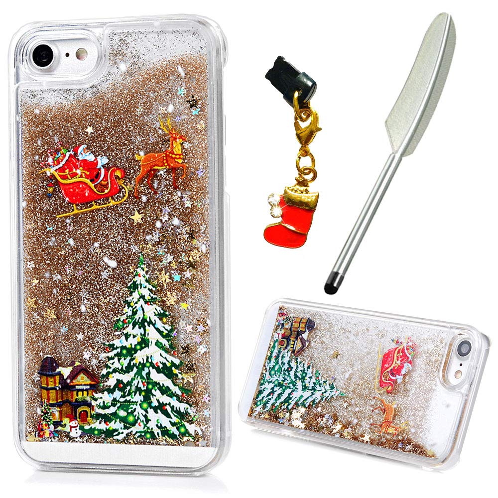 iVOYI iPhone SE 2020 Case Christmas iPhone 8 Case Xmas iPhone 7 Phone Case, Protective Clear Shiny Glitter Liquid Floating Santa Claus Printed Cover for iPhone SE 2020/7/ 8, Gold