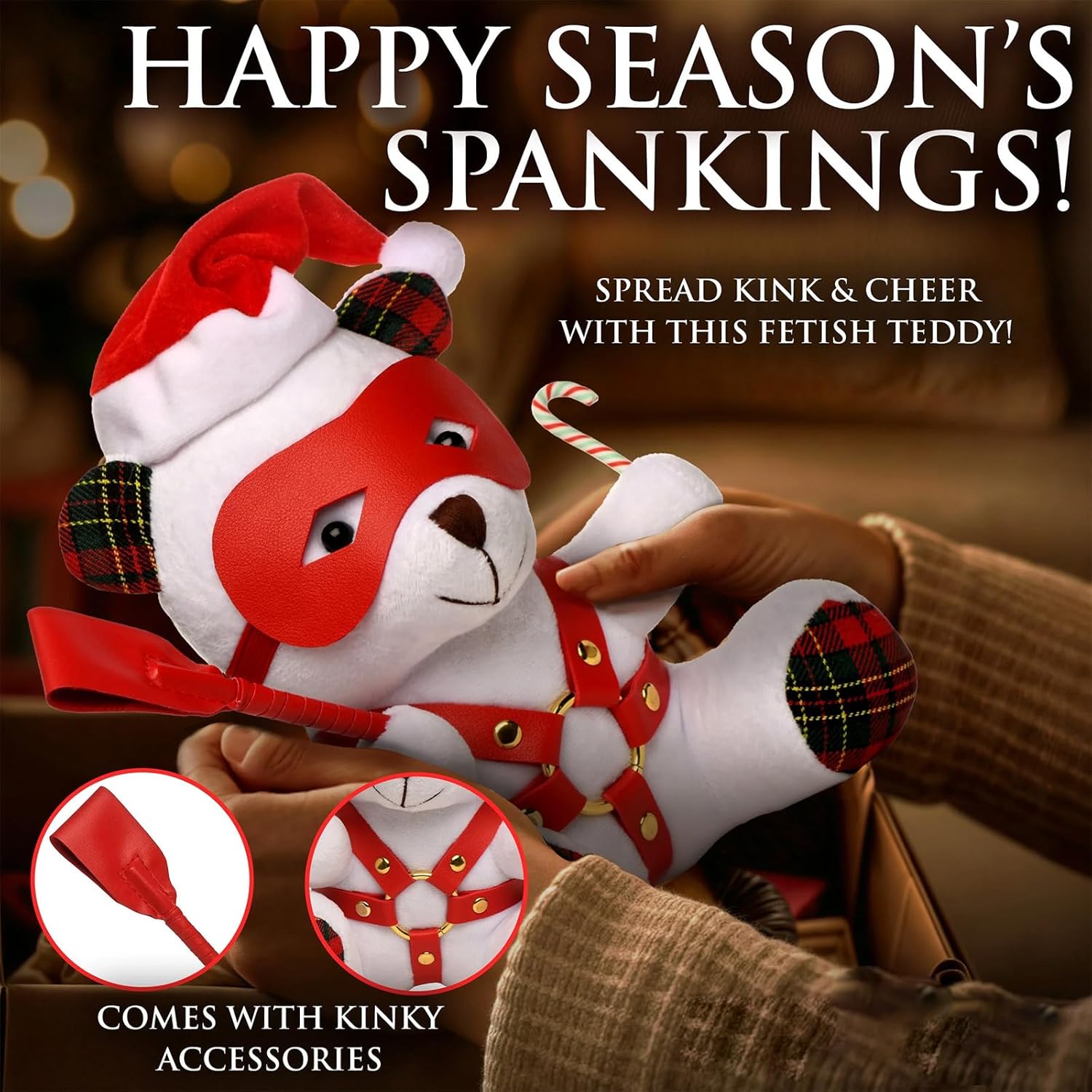 Christmas Teddy Bear with Santa Hat Candy Cane Novelty Bondage Toys Fun Birthday Decoration Stuffed Animals Plush Gifts for Girlfriend Couple Friend Holiday BDSM Teddybear Present