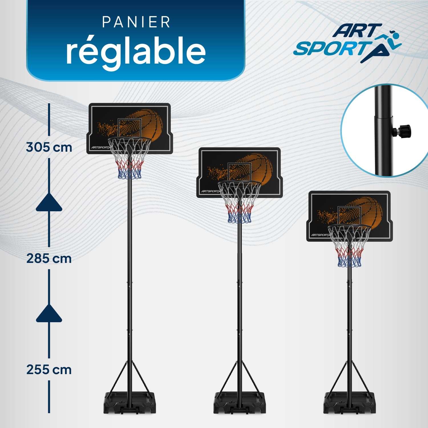 ArtSport Panier de Basket d'extérieur avec Pied et roulettes – Hauteur réglable de 255 à 305 cm Panier Adulte Enfant Support de Basket Noir