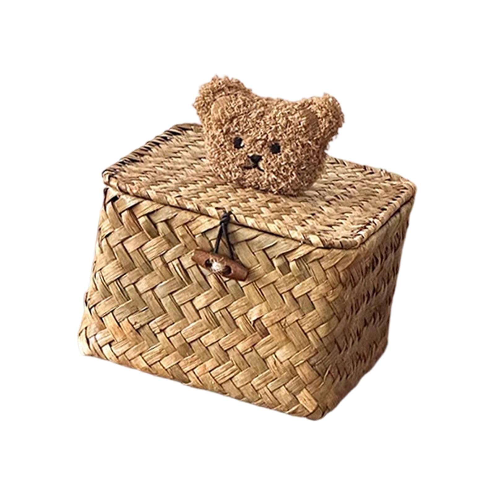 Whoasyst Woven Seagrasses Basket with Dustproof Cover and Lovely Bear Ornament Natural Woven Storage Box Storage Basket Natural Box