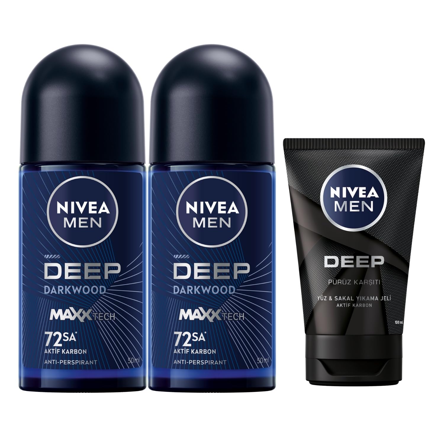 NIVEA Men Deep Dimension Yüz ve Sakal Temizleme Jeli, 100 ml, Aktif Karbon İçeriği ile Cildi Arındırır + NIVEA Men Erkek Roll On Deodorant Deep Dimension 72 Saat Anti-Perspirant Koruma (50 ml) X2