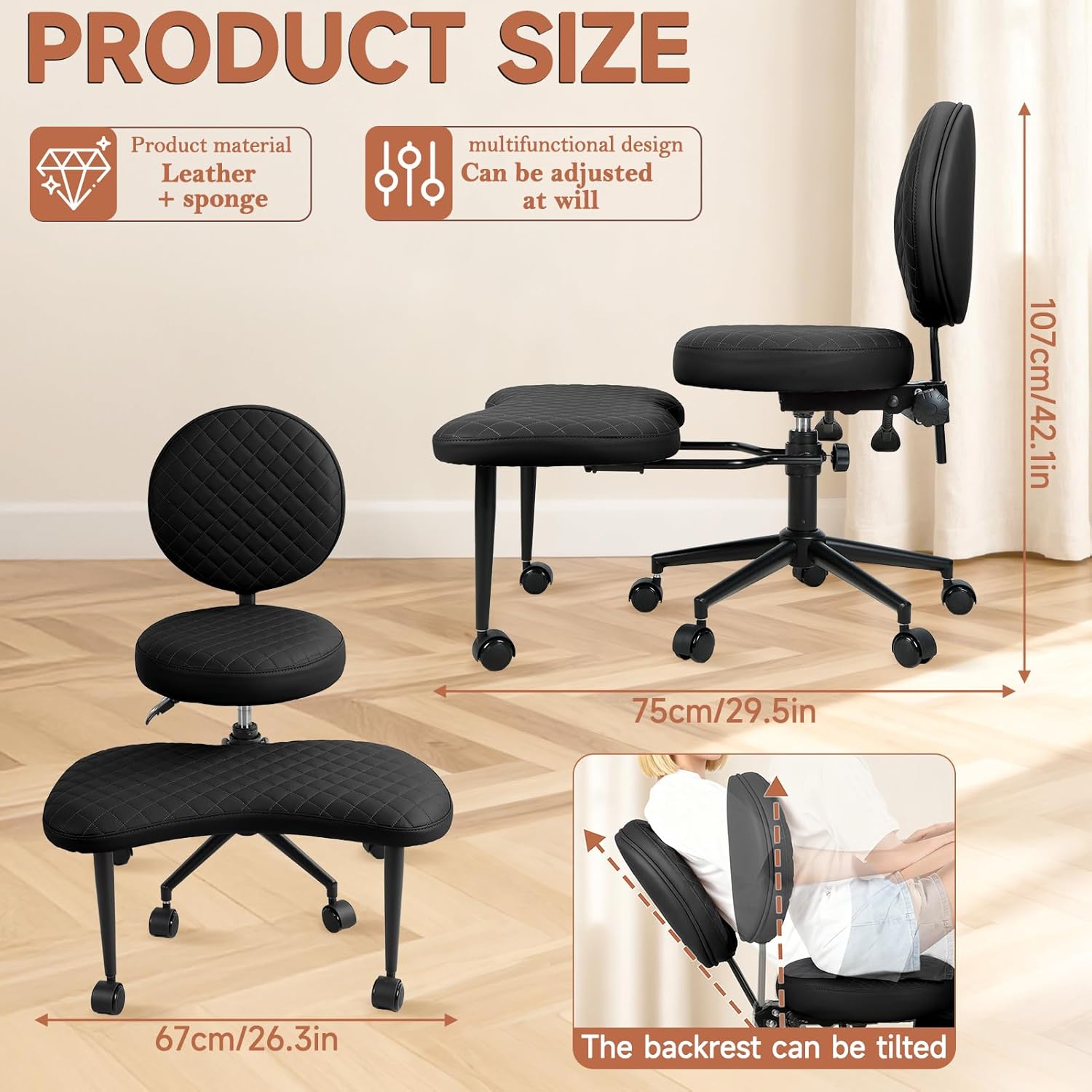 Criss Cross Office Chair with Wheels, Cross Legged Office Chair, Adjustable Height Kneeling Chair for Meditation Yoga Home Office with Backrest, 360° Rotating Footrest (Black)