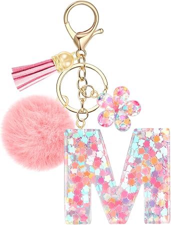 JSRQT Cute Pink Initial Letter Keychain, Flower Sequins Resin Alphabet Letter Keyrings, Flower Tassel Poms Pendants Bag Charm Car Key Chains