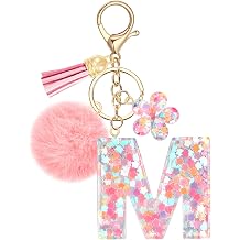 JSRQT Cute Pink Keyring Letters Name Alphabet Resin Key Ring Flowers Sequins with Pompoms Bag Pendant Key Chain