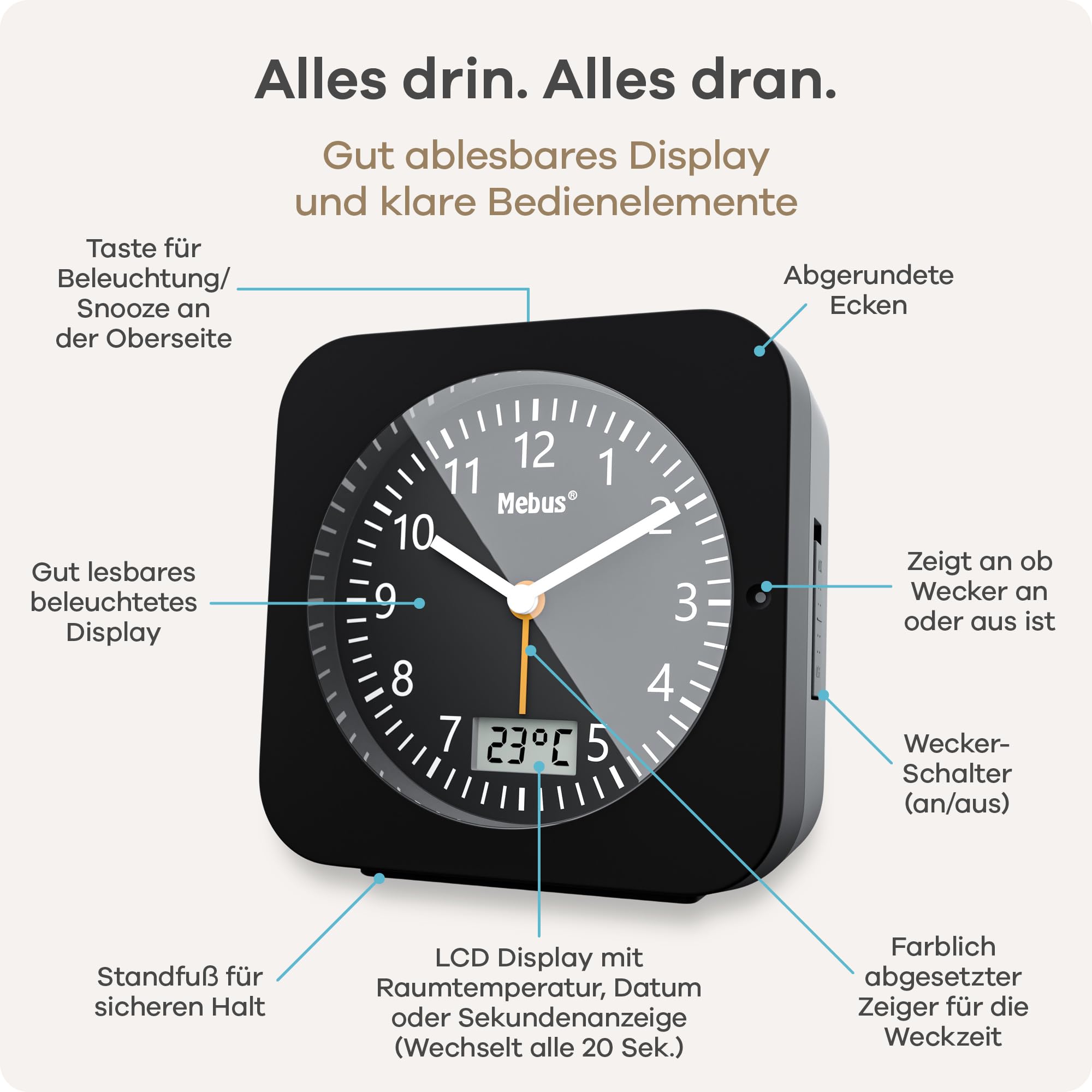 MEBUS Funk-Wecker mit Thermometer/Datumsanzeige, Schlummerfunktion, großes Display/Quadratisch/Hintergrundbeleuchtung/Farbe: Schwarz/Modell: 25609