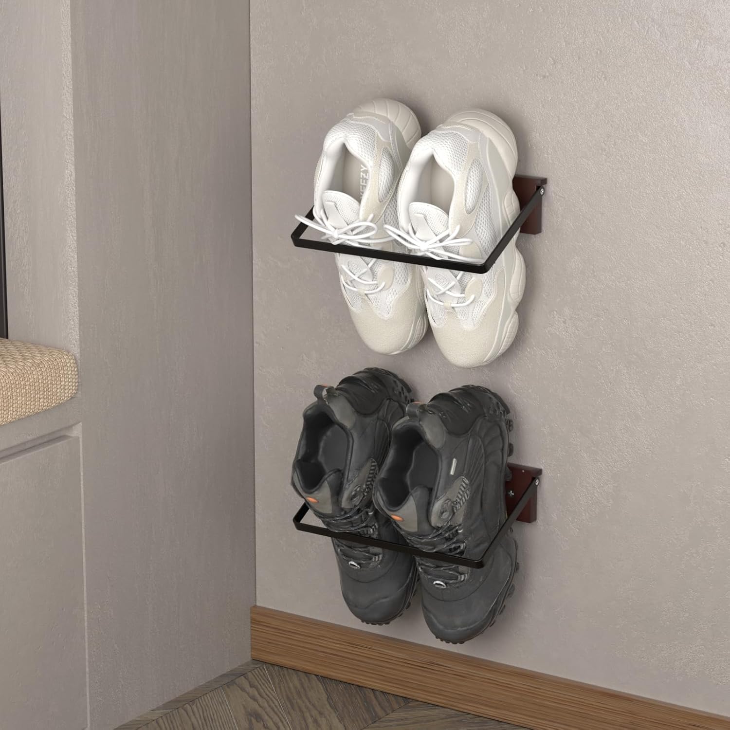 SCUNDA 2-Pack Wall Mounted Shoe Rack, Wooden & Metal Foldable Shoe Rack - Space Saving Wall Shoe Holder for Entryway, RV, Camper, Closet, Apartment, Fits Various Shoes-White