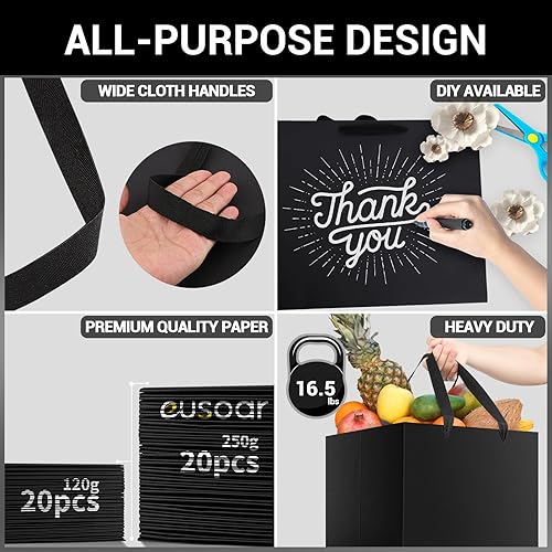 Miniatura 3 de EUSOAR Bolsas negras con asas, 10 x 10 x 10 pulgadas, paquete de 20 bolsas de regalo de papel con asas, bolsas de embalaje de negocios, bolsas de
