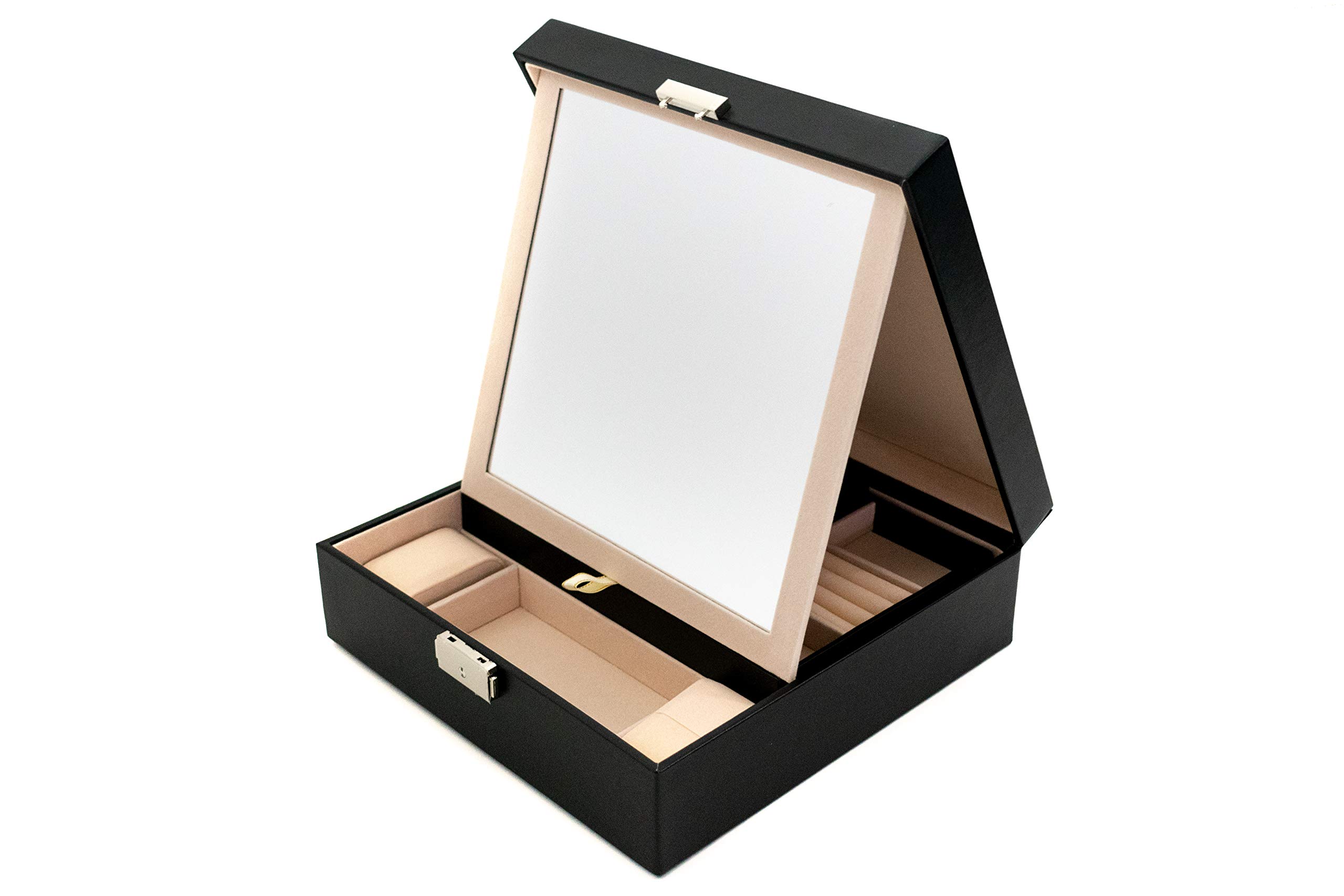 BLU MONACO Black Woven Leather Mirrored Jewelry Box with Lock Drawers - Portable Jewelry Organizer Lockable - Ring Security Box