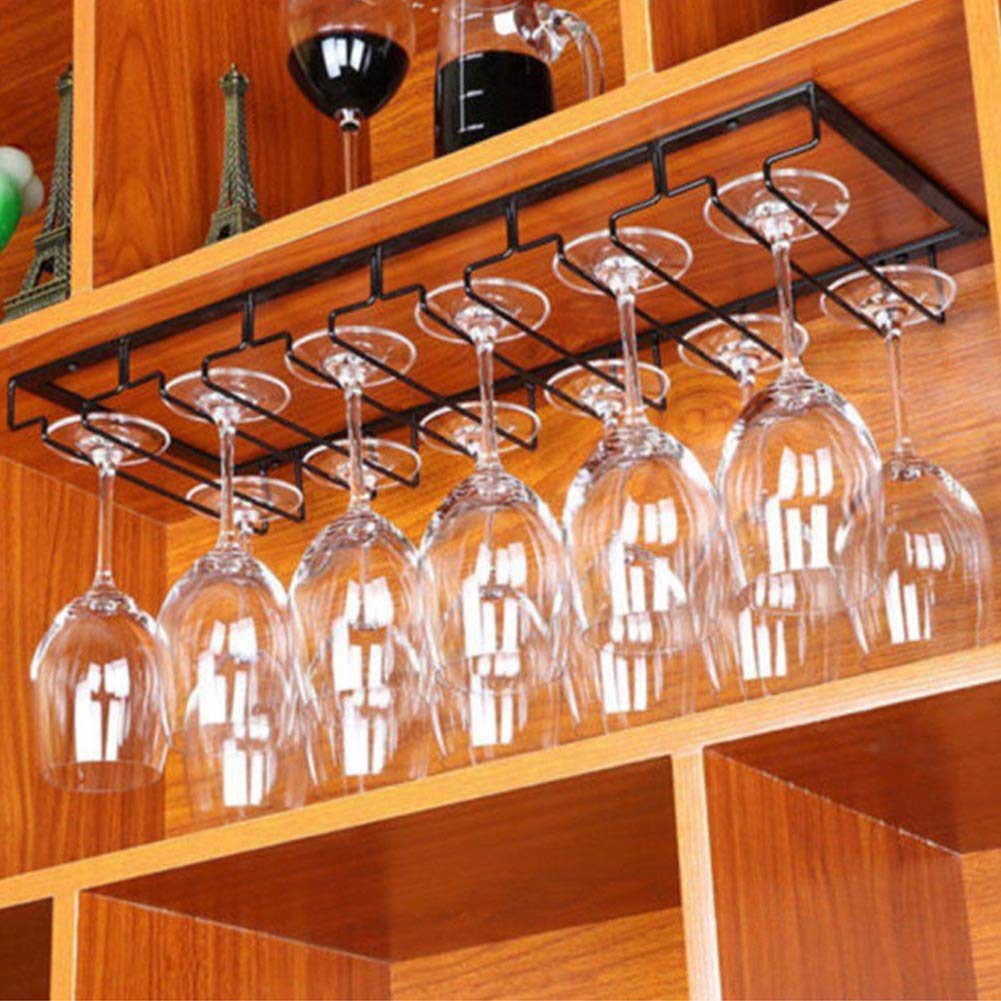 Warmiehomy Porte-verres à vin à suspendre sous armoire pour bars, cuisine, verres à champagne en métal noir (60 x 22,5/6 emplacements)