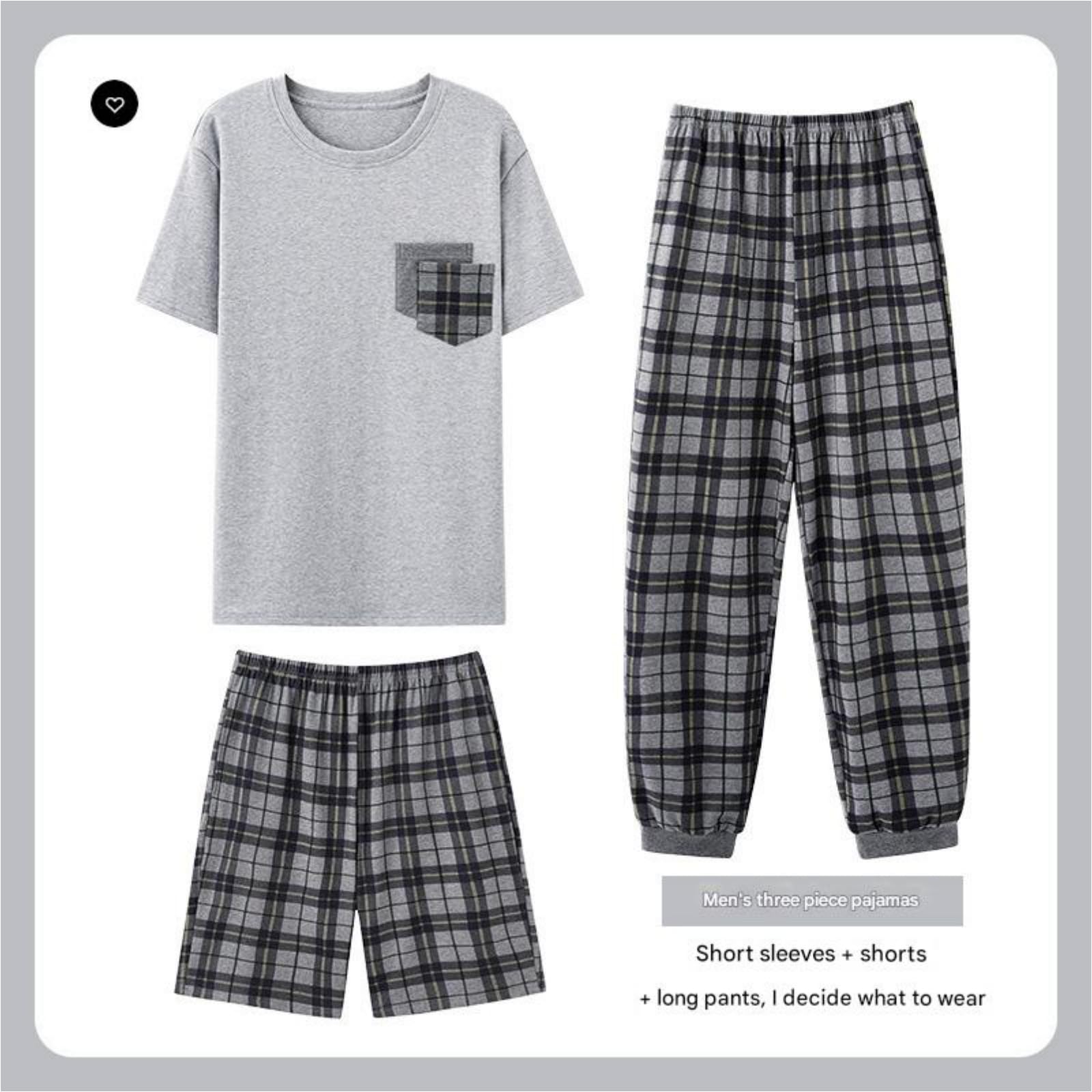 Pigiama Uomo Estivo Pantini di Cotone per Corto da Pajamas in Tre Pezzi Pantaloncini A Maniche Corte Sottili Grandi Dimensioni Casual Sciolte Dimensioni-Blu Blu-XL