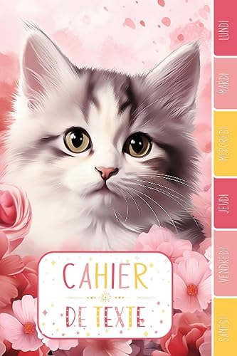 CAHIER DE TEXTE: Chats chatons mignon fleurs animaux félins avec coloriages - Réglure Séyes pour garcon fille en primaire cp ce1 ce2 cm1 cm2 collège | ... pour une année scolaire réussie