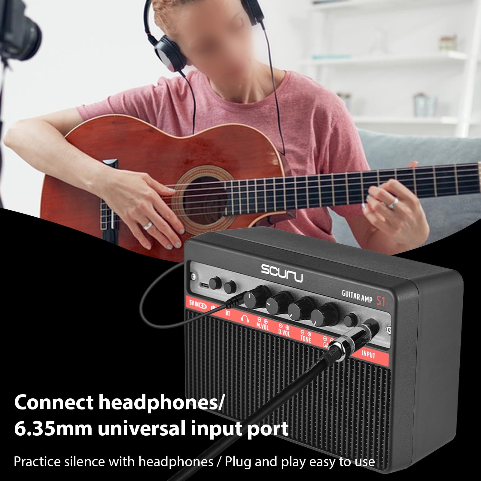 Btuty Scuru 16 W kleiner E-Gitarrenverstärker, tragbarer Gitarren-Übungs-Lautsprecher, wiederaufladbarer Verstärker, unterstützt BT/Kopfhörer-Verbindung, integrierter Verzerrungseffekt, Plug and Play