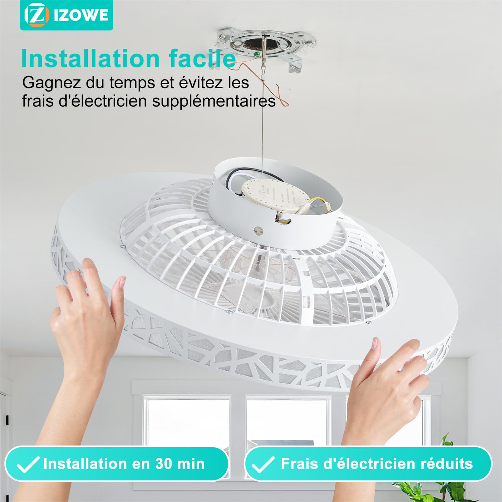 Ventilateur Plafond Moderne 48cm, Plafonnier Ventilateur avec Lumière LED Dimmable 3 Couleur 40W, 6 Vitesses Réversible Ventilateur de Plafond avec Télécommande Intelligent Timer, Chambre Salon