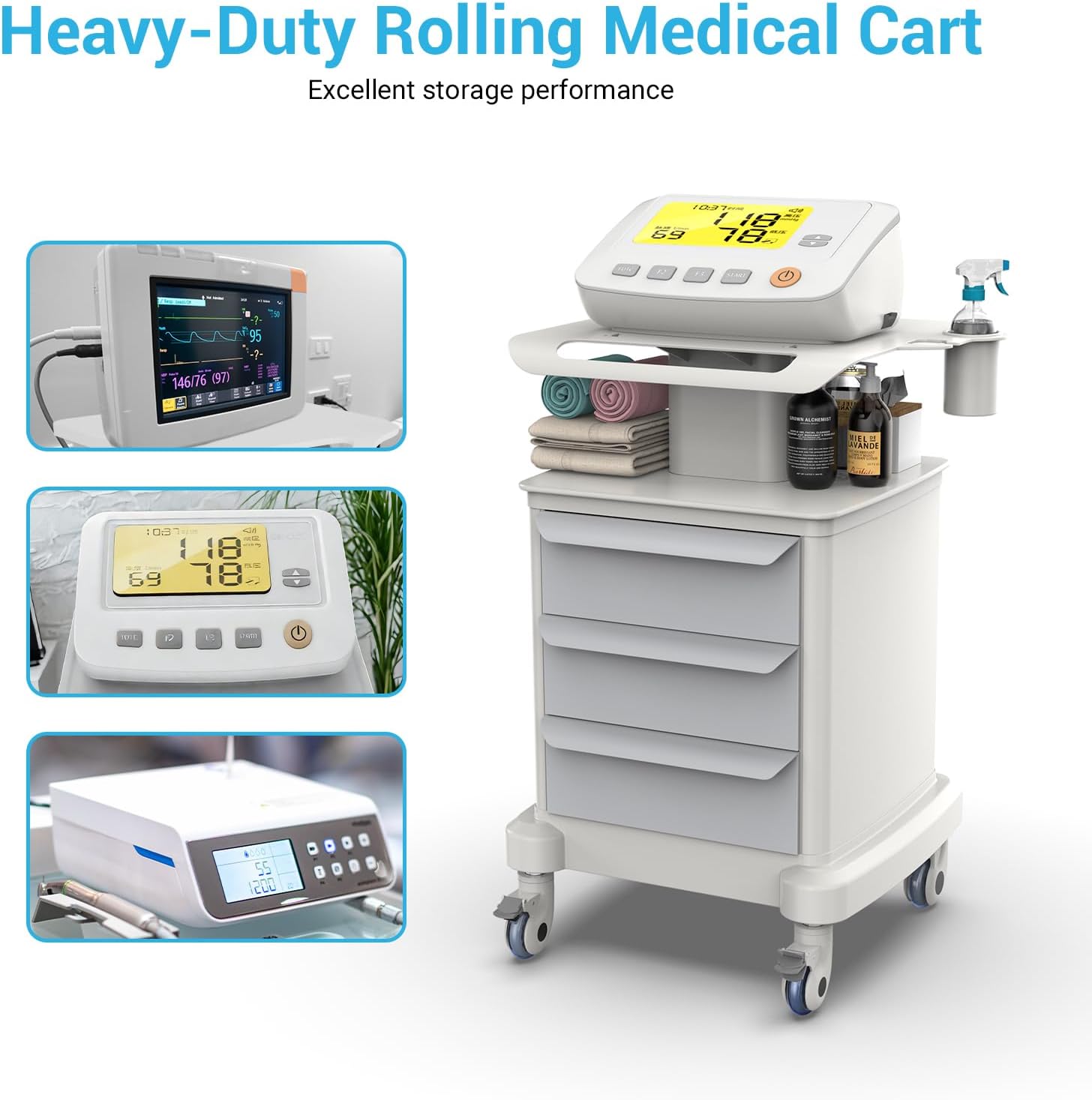 Mobile Ultrasound Cart with Wheels, Medical Cart with 3 Drawers Ultrasound Imaging Scanner Vehicle Rolling Utility for Hospital Office Bedroom Medical Clinic Beauty Salon