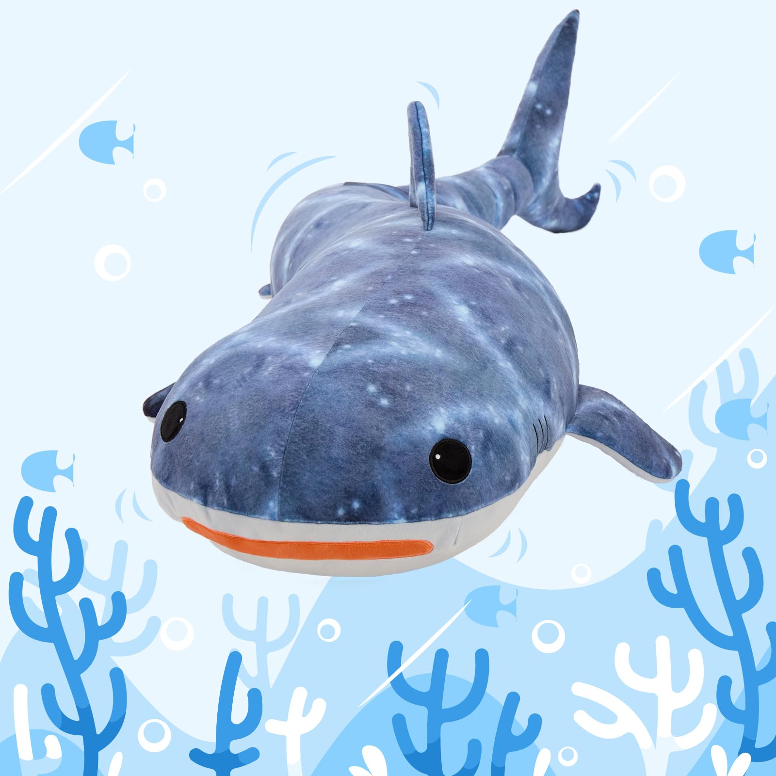 KERTA 4ft Giant Whale Shark Stuffed Animal, S-Shape Stuffed Shark Plush Toy for Boys Girls, Hugging 47inches Soft Long Ocean Whale Shark Plush Body Pillow for Sleeping 7