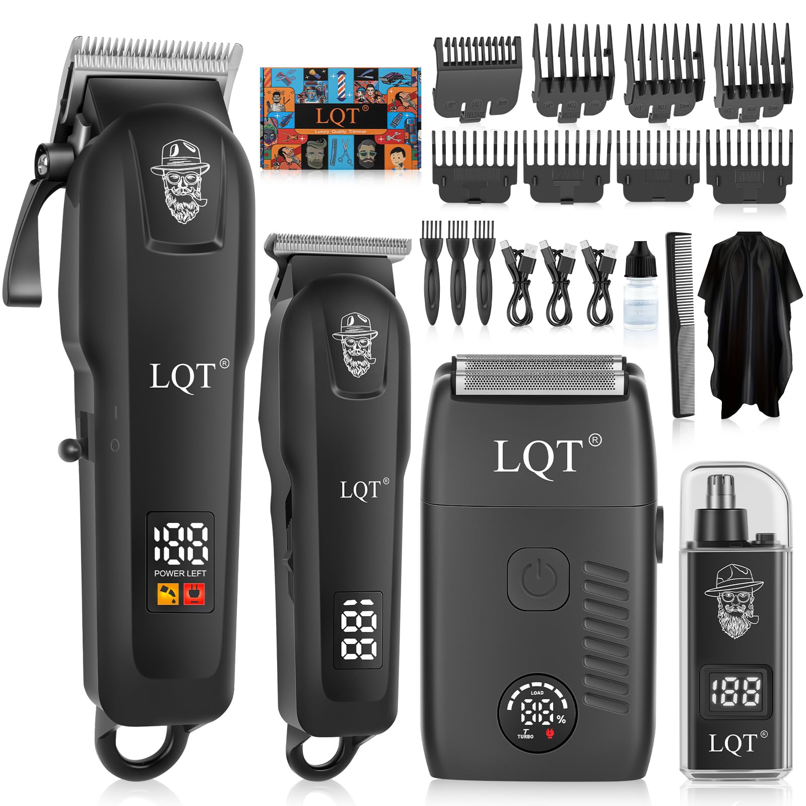 Haarschneidemaschine für Männer, 4-teiliges professionelles Fellpflegeset mit Haarschneidemaschine, LED-Power-Display, Detail-Trimmer und Nasentrimmer, komplettes kabelloses Set für den Heimfriseur
