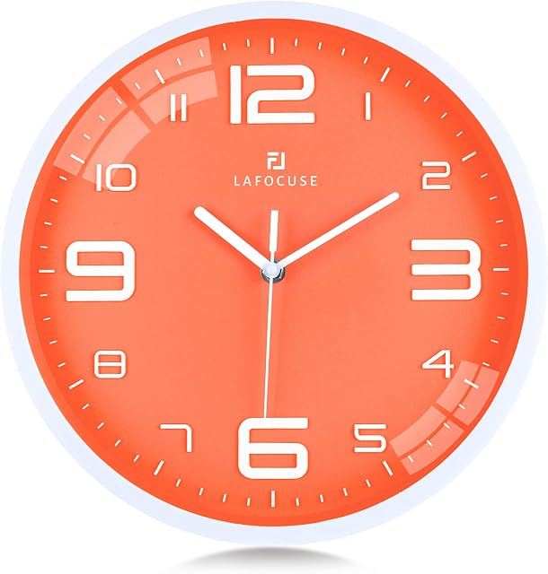 Lafocuse 12 Inch 3D Numbers Orange Wall Clock for Living Room Decor, Modern Wall Clock Kitchen Battery Operated Silent Non-Ticking Bedroom Home Office