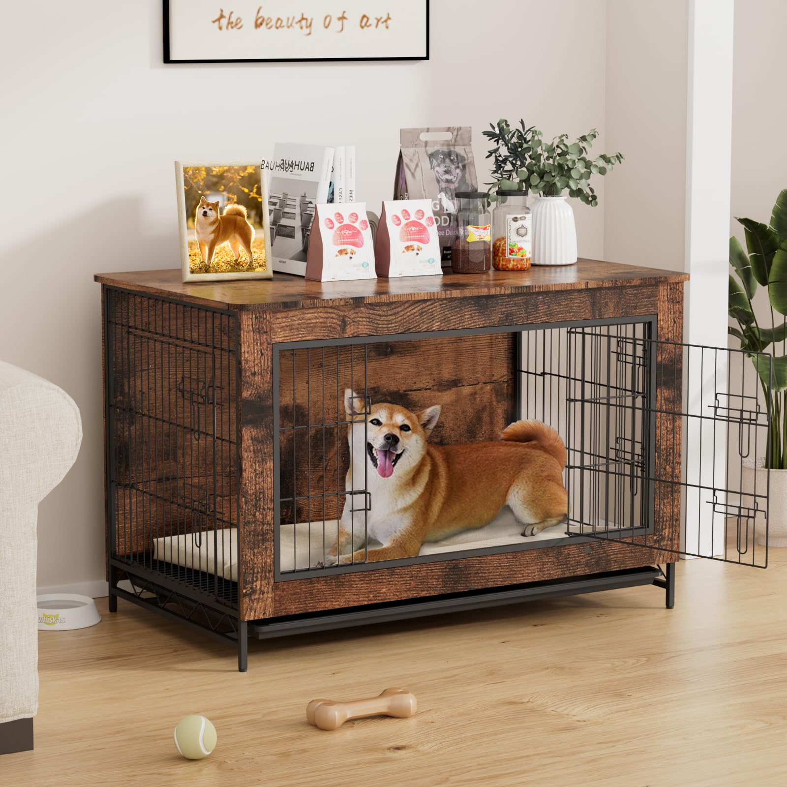 VOWNER Jaula para perros, 3 puertas, caja de madera para perros, para el hogar, moderna caseta interior para perros pequeños y medianos de menos de 30 kg, como mesa auxiliar para salón, 98 x 60 x 65