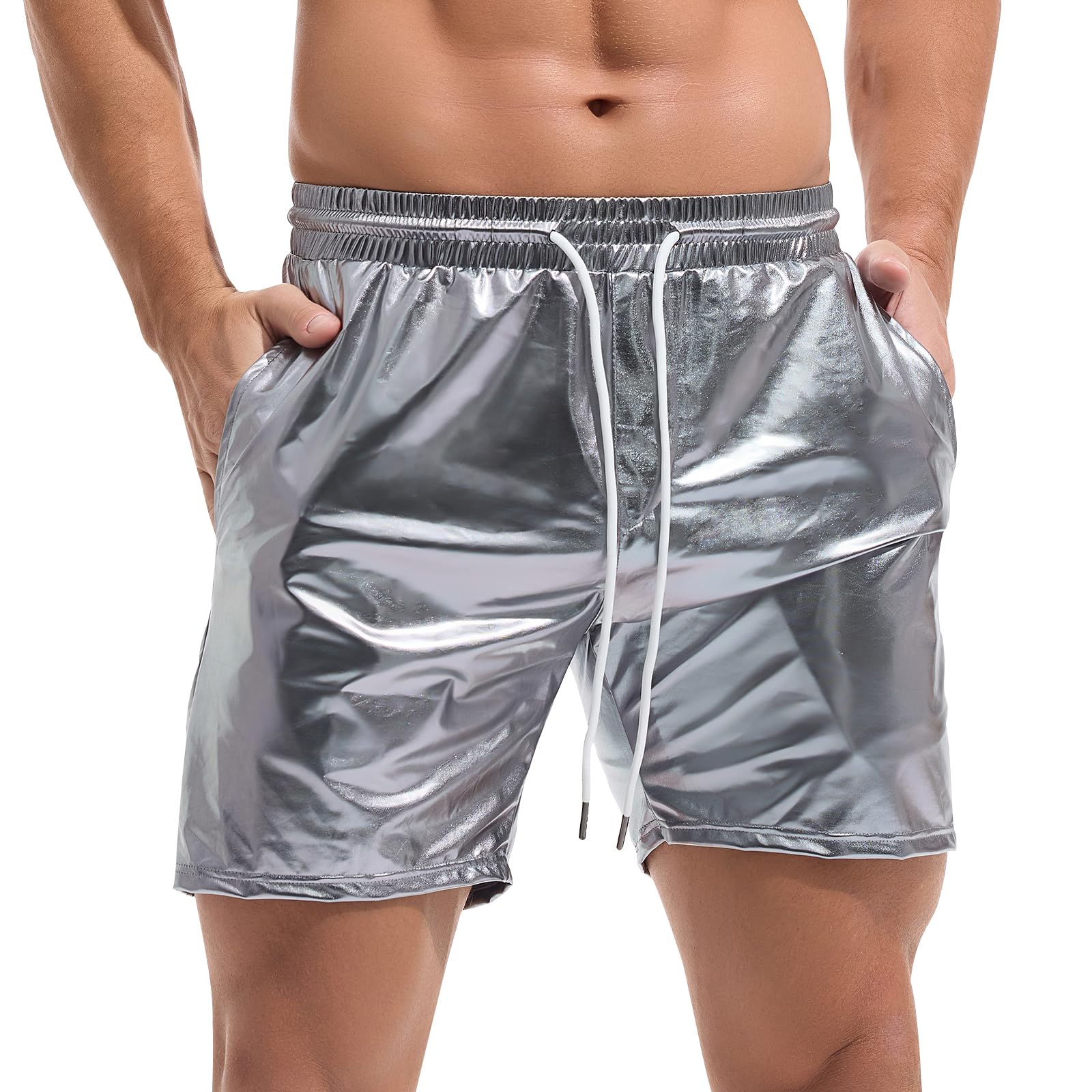 AMY COULEEMens Metallic Shorts 5" Shiny Holographic Disco Shorts Outfit Sparkly Rave Hot Drawstring Shorts