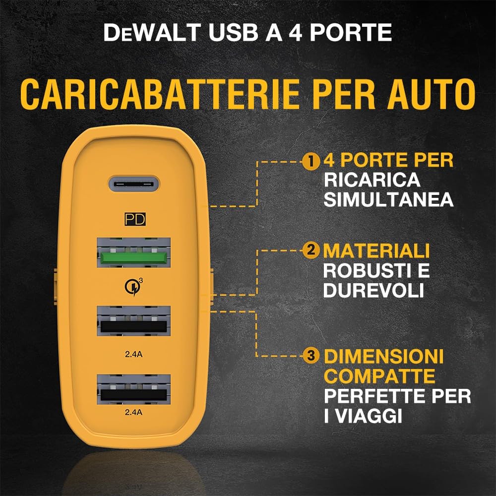 DEWALT Caricabatteria da auto USB C DEWALT, adattatore per caricabatteria rapido da auto a 4 porte da 60 W, caricabatteria da auto Pd tipo C compatibile con iPhone 16/15/Samsung, caricabatteria USB