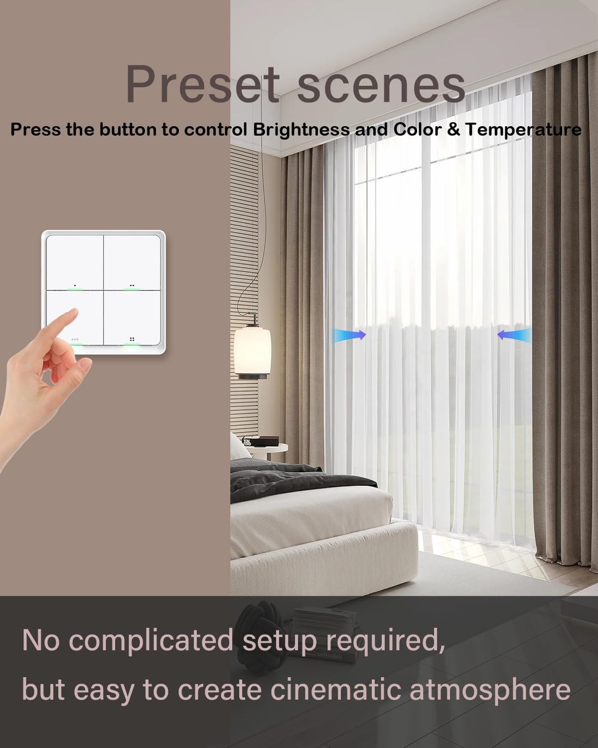 Hand pressing smart switch to control room lighting and curtains