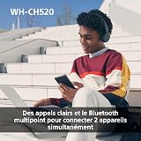 Sony WH-CH520 - Casque Bluetooth sans Fil, Multipoint, Micro intégré - jusqu'à 50 Heures d'autonomie et Charge Rapide - Blanc - 6