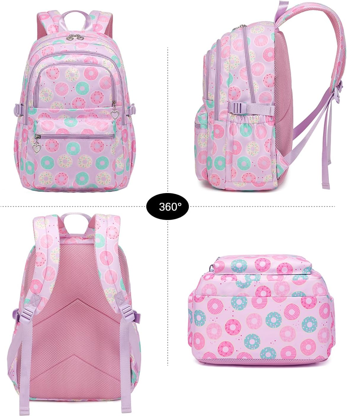 Joyfulife 3Pcs Donut Prints Backpack Sets Kids Bookbags Primary School Daypack Elementary Students Knapsack for Teens Girls