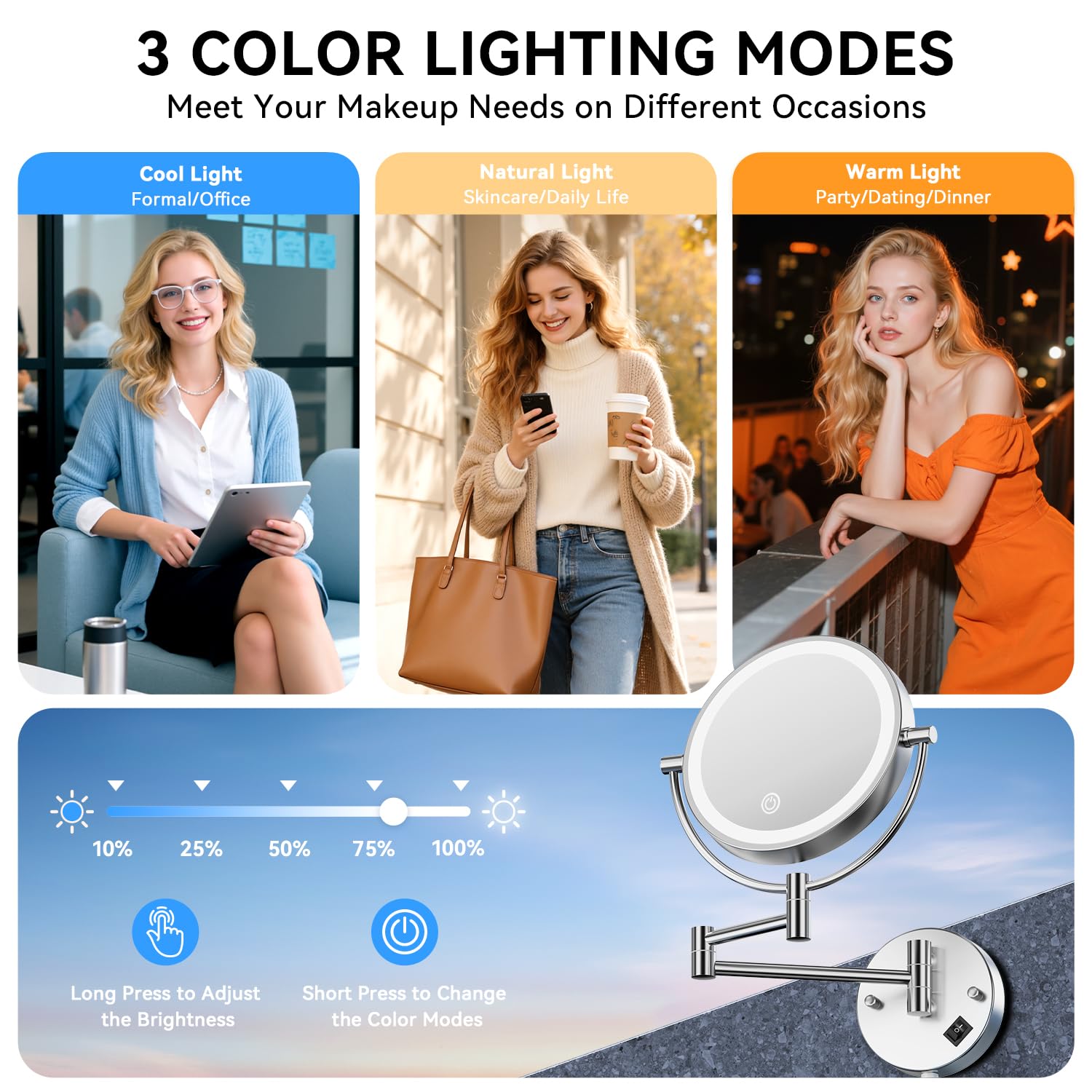 Auxmir Kosmetikspiegel mit LED Beleuchtung 1X/30X Vergrößerung, Dimmbarer Schminkspiegel mit Touchschalter, 3 Farbe Einstellbar, Rasierspiegel Wandmontage für Badezimmer, Spa und Hotel