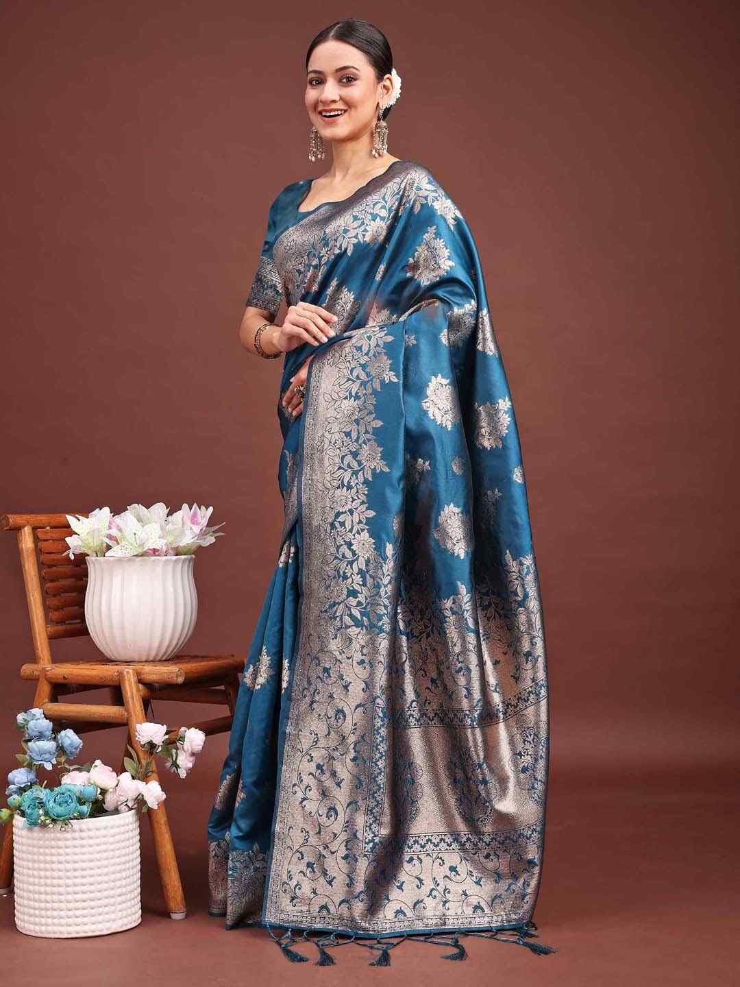 Shiv Textiles Women's Banrasi Silk Woven Zari Work Saree(AUS-ASSIL1003-TEAL) 2