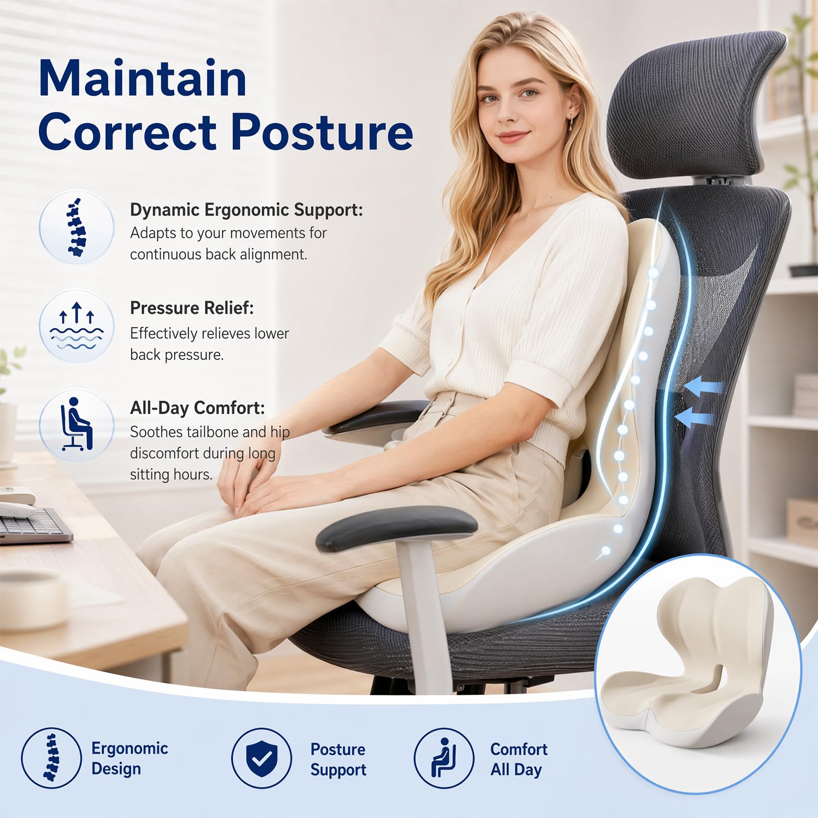 CEWROM Cuscino ortopedico con schienale, cuscino ergonomico con schienale, cuscino per coccige in memory foam, adatto per sedie da ufficio, auto, sedie a rotelle e uso domestico