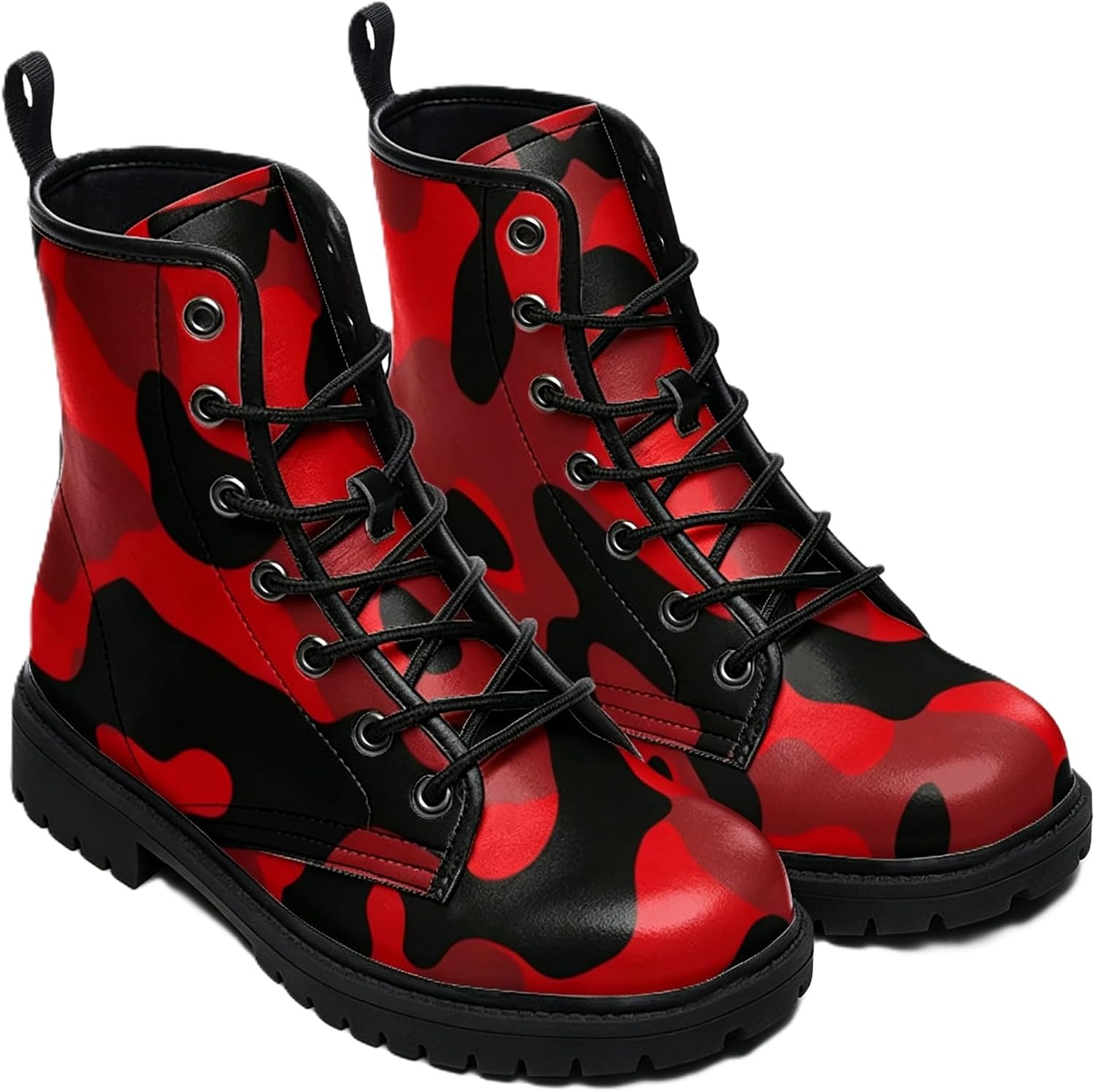 Women's Printed Combat Boots with Coma Mosaic Comfortable Shoes Lace Up Platform Booties Fashion Punk Gothic Casual Motorcycle Boots for Daily Travel Party Shopping, Style1 Black and Red, 6.5